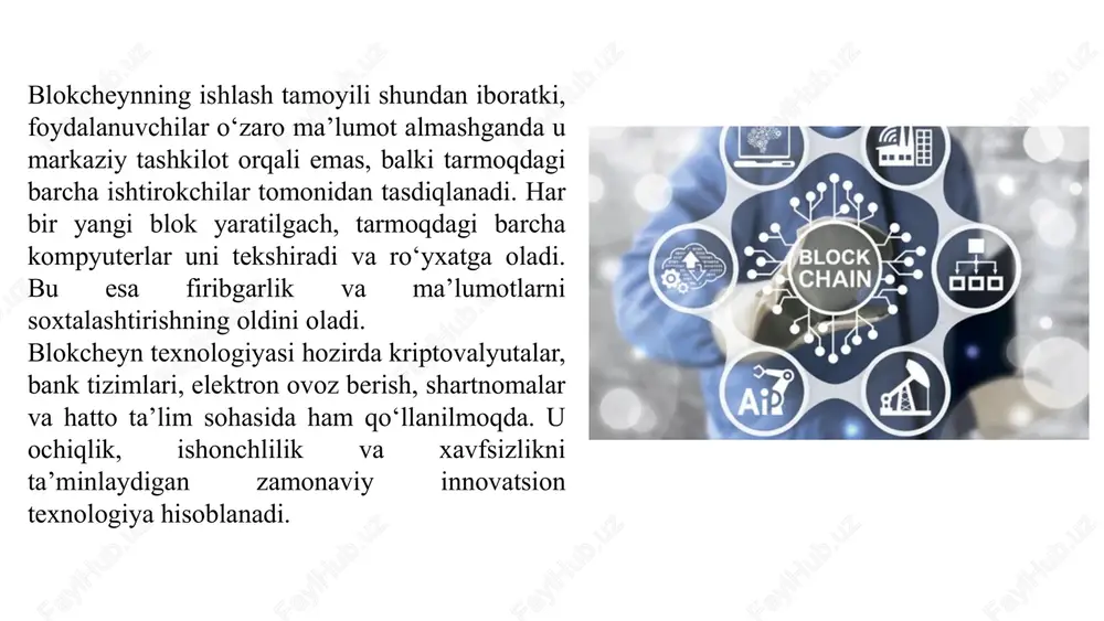 oddalashtirish uchun blokcheyn texnologiyasi qo'llaniladi. har bir hujjat va operatsiya avtomatik qayd etiladi. hisob-kitob operatsiyalarini raqamlashtirish audit torakalashni soddalashtirish firibgarlikka qarshi aktivlarni oshirish biznes jarayonlari kompaniyalar ma'lumotlarni aniq va tez tahlil qilish, raqamli iqtisodiyotga o'tish uchun blokcheyndan foydalanadi. savdo zhurnallari boshqaruvi taminot zanjirini nazorat qilish kontrakt avtomatlashtiriladi 9 blokcheyn xavfsizligi va muammolari blokcheyn texnologiyasi juda xavfsiz bo'lsa ham, ayni texnologiyaning o'zining kambag'alliklari va ehtimoliy xavflari mavjud. bu muammolar texnologiyani keng qamrovda tatbiq etishda to'siq bo'la oladi. 1 51% hujumi xavfi agar kimdir tarmoqdagi ko'pchilikni nazorat qilsa, soxta tranzaksiyalar yaratishi mumkin. katta tarmoqlarda bu ehtimoli kam, ammo kichik tizimlarda havi bo'ladi. 2 aqlli shartnomalardagi xatolar noto'g'ri kod yoki dastur xatalari blokcheyn orqali tezda tarqaladi. shartnomalardagi bir kichik xatosi ham tizimning butun ishlashiga ta'sir qiladi. 3 infrastruktura yetishmasligi texnik infratuzilma va malakali kadrlar yetishmasligi blokcheynni tatbiq etishni murakkab qiladi. internet yo'q joyda blokcheyn ishlash mumkin emas. 4 energiya iste'moli blokcheyn tarmog'ini ishlatish …