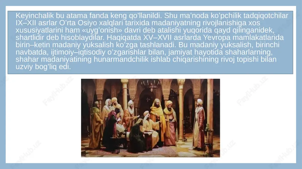 aram bo’lib qoldi. ma’naviy norozilik kuchaya bordi, xalq mustaqillikni tiklash uchun kurashga qo’zg’aldi. xalqning ana shu kurashi natijasida tohiriylar, somoniylar, qoraxoniylar, g’aznaviylar va xorazmshohlar davlatlari vujudga keldi, ular uzoq vaqt hukm surmagan bo’lsa-da, har qalay yaqin va o’rta sharqda yangi shakllangan musulmon o’lkalari o’rtasida iqtisodiy–madaniy aloqalar avj oldi. markaziy osiyoda ix-xii asrlarda tashkil topgan markazlashgan davlatlar davrida samarqand, buxoro, urganch, marv, termiz va ko’plab shaharlar ma’muriy va madaniy markazlarga aylandi. madaniyat namunalari bilan almashuv, o’zaro ma’naviy ta’sir kuchaydi. qadimgi hind, eron, arab, yunon madaniy boyliklari qorishib, foydalanilgan adabiyotlarda «musulmon madaniyati» deb nom olgan yangi madaniy qatlam vujudga keldi. qadimgi madaniyat a’analariga nihoyatda boy bo’lgan o’rta osiyoda mustaqillikka erishgan xalq bu davr ichida o’z madaniyatini yuksaklikka ko’tara oldi. shaharlar, shahar madaniyatining tez rivoji hamda madaniy aloqalarning kuchayishi samarasi bo’lgan uyg’onish, renessans shu davrda boshlandi. o’rta osiyo ilm–fan, ma’naviyat, tarixda misli ko’rilmagan namunalar yaratdi. o’rta osiyoda ix – xii asrlarda hukm surgan …