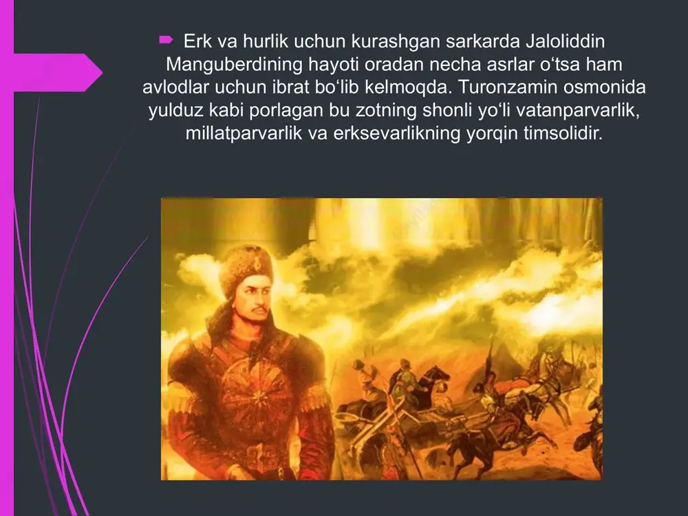 ar ustidan ulkan g'alabani qo'lga kiritadi. bu paytga kelib u ikki frontda jang olib borayotgan edi: g'arbiy eronda — mo'g'ullarga qarshi, kavkazortida — gurji va armanlarga qarshi. 1228-yilda xorazmshohga qarshi birgalikda rum sultoni alovuddin kaykubod,misr sultoni malik al-komil va kilikiya-arman qiroli xetum i urush e’lon qilishadi. yerevan yaqinida jaloliddin qo'shini mag'lub bo'lishadi.1230-yilda jaloliddin iroq qal’asi xilotni qo'lga kiritadi, lekin tezda qayqubod va malik al-komil tomonidan mag'lubiyatga uchratiladi. to'liq mag'lubiyatni o'qtoyxon tomonidan yuborilgan sarkarda charmag'on oxiriga yetkazadi. jangda og'ir yaralangan jaloliddin kurdiston tog'larida yashirinadi, 1231-yilda esa kurdlar tomonidan o'ldiriladi.hozirgi kunga kelib, jaloliddin, o'zbek va turkman xalqlarining milliy qahramoniga aylangan. unga atab bir necha doston va asarlar yaratilgan. foydalanilgan adabiyotlar ro’yxati: o‘zbekiston tarixi – toshkent, 2010. sharq tarixi manbalari – toshkent, 2012. o‘zbek xalqining tarixiy shaxsiyatlari – toshkent, 2015. xorazm va manguberdi davri tarixi – toshkent, 2011. sharqiy xalqlar va tarixiy shaxslar – toshkent, 2013. tarixiy manbalar asosida jaloliddin manguberdi – toshkent, …