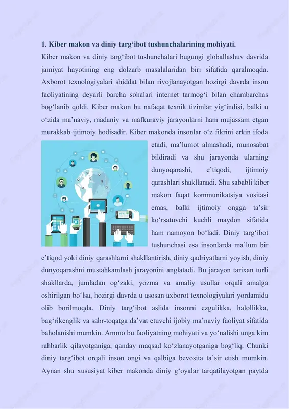 niy targ‘ibot jarayonida esa asosiy maqsad insonni ruhiy, ma’naviy poklanishga, ijobiy fazilatlarni shakllantirishga yo‘naltirilgan bo‘lishi lozim. shu tariqa kiber makon va diniy targ‘ibot o‘zaro bog‘liq tushunchalar bo‘lib, ular jamiyatning ma’naviy hayotida muhim o‘rin tutadi. ularning mohiyatini to‘g‘ri tushunish, imkoniyatlaridan oqilona foydalanish va xavf-xatarlarini anglash bugungi globallashuv davrida har bir ongli insonning ijtimoiy mas’uliyatidir. 2.internet va ijtimoiy tarmoqlarda diniy g‘oyalarning tarqalish usullari. zamonaviy axborot asrida internet va ijtimoiy tarmoqlar inson hayotining ajralmas qismiga aylangan bo‘lib, ular orqali turli sohalarga oid g‘oyalar, qarashlar, fikrlar, axborotlar mislsiz tezlik bilan tarqalmoqda. ayniqsa diniy g‘oyalar internet makonida keng yoyilayotganini kuzatish mumkin. diniy g‘oyalarning virtual tarmoq orqali tarqalish jarayoni oddiy kommunikatsiya shaklidan chiqib, ijtimoiy ongni shakllantirish, e’tiqod tizimiga ta’sir o‘tkazish, mafkuraviy kurash vositasiga aylanib bormoqda. internet va ijtimoiy tarmoqlarda diniy g‘oyalarni tarqatishning o‘ziga xos usullari mavjud bo‘lib, ular orasida matnli, audio va video materiallar, onlayn ma’ruzalar, diniy saytlar, bloglar, ijtimoiy tarmoqlardagi guruhlar va sahifalar eng faol …