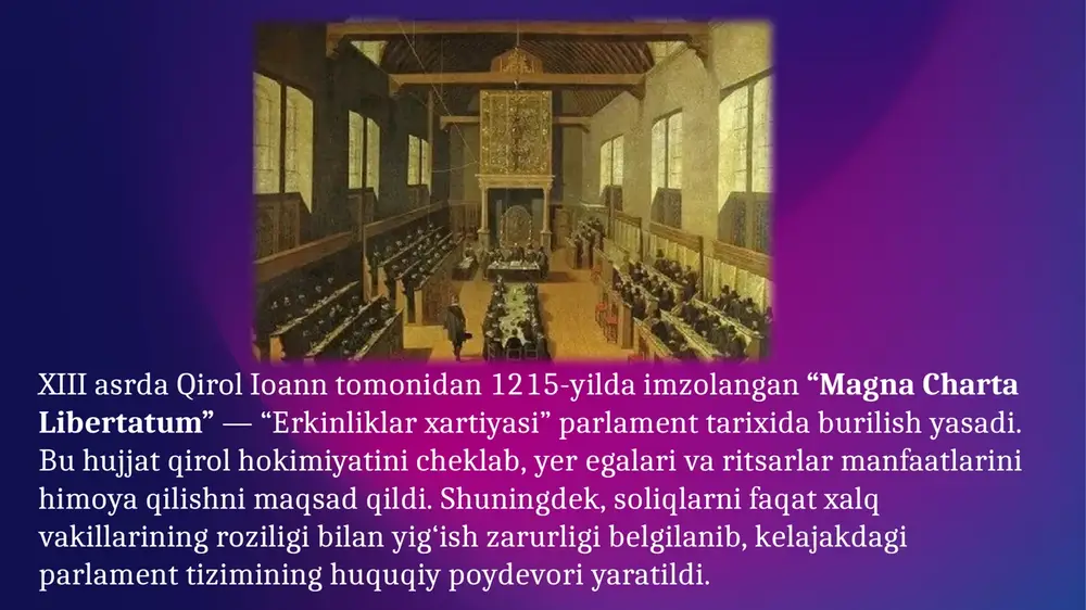 tiradi. britaniya parlamenti bugungi kunda butun dunyo uchun demokratik boshqaruvning namunasi hisoblanadi. 19 angliya parlamentining tarixiy tajribasi boshqa mamlakatlarda ham konstitutsiyaviy islohotlarga turtki bo‘lgan. aqsh, kanada, avstraliya, hindiston va boshqa ko‘plab davlatlar parlament tizimini britaniya modeliga asoslangan holda shakllantirganlar. shu jihatdan, angliya parlamenti — global siyosiy merosning asosi sifatida e’tirof etiladi. 20 image4.png image14.jpeg image15.jpeg image16.jpeg image17.jpeg image18.jpeg image19.jpeg image20.jpeg image21.jpeg image22.jpeg image23.jpeg image24.jpeg image25.jpeg image26.jpeg image27.jpeg image28.jpeg image29.jpeg