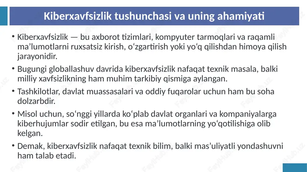 m paydo bo‘lmoqda. shu sababli, kelajakda kiberxavfsizlik mutaxassislari eng talab yuqori kasblardan biri bo‘lishi kutilmoqda. o‘zbekistonda ham bu sohada yangi o‘quv dasturlari, laboratoriyalar va treninglar yo‘lga qo‘yilmoqda. har bir inson kiberxavfsizlik madaniyatini o‘zlashtirib borishi kerak, chunki bu jamiyat xavfsizligining asosidir. xulosa xulosa qilib aytganda, kiberxavfsizlik har bir inson hayotida muhim o‘rin tutadi.shaxsiy ma’lumotlarni himoya qilish faqat texnik vositalar bilan emas, balki ongli yondashuv, madaniyat va mas’uliyat orqali ham amalga oshadi. kiberxavfsizlikni ta’minlash uchun davlat siyosati, fuqarolik ongini oshirish va xalqaro hamkorlik zarur. demak, raqamli dunyoda xavfsiz bo‘lish — har birimizning burchimizdir. foydalanilgan adabiyotlar 1. o‘zbekiston respublikasi “axborotlashtirish to‘g‘risida”gi qonuni. 2. o‘zbekiston respublikasi kiberxavfsizlik konsepsiyasi, 2020-yil. 3. r. to‘xtayev. kiberxavfsizlik asoslari. – toshkent: tatu, 2022. 4. a. usmonov. axborot xavfsizligi nazariyasi va amaliyoti. – toshkent, 2021. 5. https://cybersecurity.uz 6. https://mitc.uz 7. https://kun.uz va https://spot.uz saytlari ma’lumotlari asosida. image1.png image2.png image3.png image4.png image5.png image6.png /docprops/thumbnail.jpeg