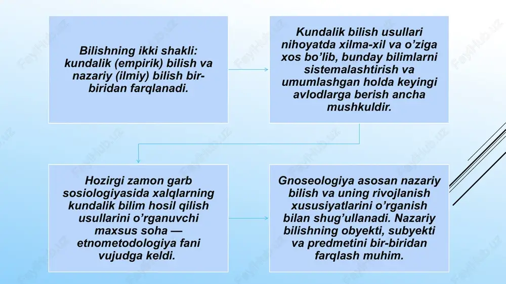 — vokelikdir. haqiqat mazmunining konkret xarakteri joy, vaqt va sharoitni e’tiborga olishni talab etadi. gnoseologiyada tabiiy-ilmiy va ijtimoiy bilishning o’ziga xos xususiyatlarini anglash muhim ahamiyatga egadir. o’zoq yillar davomida tabiatshunoslik fanlariga xos bo’lgan obyektivlik, xolislik ilmiylikning muhim mezoni deb hisoblab kelindi. biroq xx asr o’rtalarida fan-texnika inqilobi insoniyat oldida paydo bo’lgan muammolar tabiatshunoslik fanlari oldiga qadriyatli yondashuv vazifasini quya boshladi. aqlli mavjudot bo’lgan inson har qachon tabiatni o’rganishda hamisha o’z manfaatlarini ko’zlaydi. tabiat resurslari cheksiz va bitmas-tuganmasdir, degani bir yog’lama qarash oxir-oqibatda inson tomonidan tabiatga nisbatan shafqatsiz munosabatni vujudga keltirdi. xx asr oxirlariga kelib tabiatga nisbatan insonlarcha, qadriyatli munosabatda bo’lish zaruriyati chuqurroq anglana boshladi. ijtimoiy fanlar hamisha mavjud siyosiy to’zum, davrning talab va extiyojlari bilan uzviy bog’liq ravishda rivojlanadi. ijtimoiy bilishda jamiyat ham bilish obyekti, ham bilish subyekti sifatida namoyon bo’ladi: “insoniyat o’z tarixini yaratuvchi va o’z-o’zini biluvchidir”. tabiatshunoslikda nisbatan barqaror sistemalar bilish obyekti hisoblanadi. tabiatdagi narsa va xodisalar tadqiqotchiga …