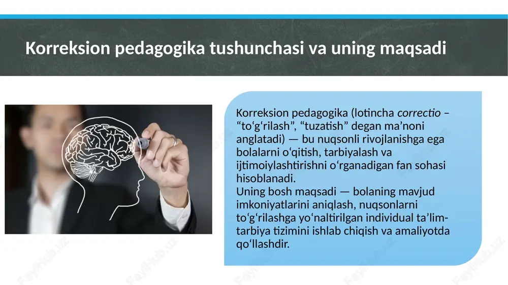 xologik-pedagogik tuzatishni tashkil etishi zarur. ushbu tamoyil maqsadga erishishning samarali yo‘l, metod, vositalarini tanlash muhimligini ko‘rsatadi. 5. o‘quvchining individual xususiyatini inobatga olish tamoyili. bu tamoyil har bir o‘quvchining ichki imkoniyatlarini aniqlash asosida pedagogik tuzatish ishlarini rejalashtirish, amalga oshirish lozimligini belgilab beradi. tamoyilning mohiyatiga ko‘ra o‘quvchilar bilan psixologik-pedagogik tuzatish olib boriladigan o‘quvchilarga “ikkinchi toifali o‘quvchilar” singari munosabatda bo‘lmaslik kerak. shundagina ularda kuzatilayotgan “ta’limiy og‘ish”ni bartaraf qilish mumkin. korreksion pedagogikaning zamonaviy yondashuvlari va rivojlanish istiqbollari bugungi kunda korreksion pedagogika sohasi zamonaviy texnologiyalar, psixologik va pedagogik innovatsiyalar bilan boyib bormoqda. rivojlangan mamlakatlarda, shuningdek o‘zbekistonda ham inklyuziv ta’lim tizimi keng joriy qilinmoqda. bu tizimda imkoniyati cheklangan bolalar sog‘lom tengdoshlari bilan birgalikda ta’lim oladilar, bu esa ularning ijtimoiylashuviga ijobiy ta’sir ko‘rsatadi. zamonaviy yondashuvlar quyidagilarni o‘z ichiga oladi: raqamli korreksion dasturlardan foydalanish (masalan, nutqni rivojlantiruvchi interaktiv ilovalar); sensorli terapiya va art-terapiya usullarini qo‘llash; o‘yinli ta’lim metodlarini kengaytirish; ota-onalar bilan pedagogik hamkorlikni kuchaytirish. kelajakda korreksion pedagogika fanining …