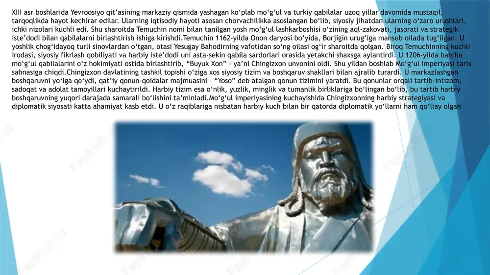 natijalari bilan ham butun dunyo tarixiga ta’sir ko‘rsatdi. mo‘g‘ul imperiyasi davrida ipak yo‘li orqali xalqaro savdo tiklandi, madaniy almashinuv kuchaydi, ilm-fan, hunarmandchilik va diplomatiya sohalarida yangi bosqich boshlandi.chingizxonning davlat qurilishi markaziy osiyo xalqlari tarixida chuqur iz qoldirdi. u tomonidan joriy etilgan boshqaruv tizimi, harbiy intizom, qonunlar keyingi asrlarda ham ko‘plab davlatlarga ta’sir ko‘rsatdi. ayniqsa, uning harbiy strategiyasi yevropa davlatlari tomonidan o‘rganilgan va tahlil qilingan. mo‘g‘ullar yurishlaridan keyin turli xalqlar o‘rtasida madaniy yaqinlashuv yuz berdi, buning natijasida ko‘plab yangi siyosiy birliklar vujudga keldi.shunday qilib, chingizxon davlati nafaqat mo‘g‘ul qabilalarini siyosiy jihatdan birlashtirdi, balki jahon tarixida markazlashgan imperiya tuzishning o‘ziga xos modelini yaratdi. uning davlatchilik g‘oyasi kuchli intizom, adolat, sadoqat va harbiy strategiyaga asoslangan edi. bugungi kunda ham chingizxon shaxsiyati, uning davlat boshqaruvi va siyosiy merosi ko‘plab tarixchilar tomonidan chuqur o‘rganilmoqda.chingizxon davlati tarixda insoniyat taraqqiyoti yo‘lida eng yirik harbiy-siyosiy hodisalardan biri sifatida baholanadi. xiii asr boshlarida yevroosiyo qit’asining markaziy qismida yashagan ko‘plab …