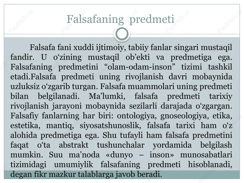 hriflanadi. falsafaga bo‘lgan munosabatning xilma-xillikka asoslangani holda, unga yaxlit, umumlashgan tahriflar ham berilgan. falsafaga ijtimoiy ong shakli bo‘lgan madaniyat, sanhat, qadriyat nuqtai nazaridan qaraydigan bo‘lsak, uning milliylikni aks ettirish imkoniyati tuqiladi. ammo ontologiya, gnoseologiya, naturfilosofiya, antropologiya kabi fan sohalari nuqtai nazaridan qaralsa, ushbu tahrifda umuminsoniylik va universallik falsafaning asosiy hususiyati ekanini tahkidlash lozim bo‘ladi. haqiqiy falsafa tafakkur mahsuli bo‘lgan narsalarni oliy darajadagi haqiqat sifatida mutloqlashtirmaydi. bu borada suqrotning «men hech narsani bilmasligimni bilaman» degani ehtirofi haqiqat mehzonidir. holbuki, suqrot qadimgi yunonistonning eng bilimli faylasufi bo‘lgan. u bilimdon, bahs-munozara chog‘ida har qanday suhbatdoshni ham mot qilib qo‘ya olgani haqida tarixda misollar ko‘p. falsafiy bilimlar rivoji o‘zluksiz jarayon bo‘lib, u insoniyatning tafakkur bobida ilgari erishgan yutuqlarni tanqidiy baholashni taqozo etadi. biroq bu — ularni tamoman rad etish, ko‘r-ko‘rona tanqid qilish lozim degani emas, balki ularga xos barcha xato va kamchiliklarni anglab, yaxshi va ijobiy jihatlaridan foydalanish demakdir. ana shunday tanqidiy endashuv va …