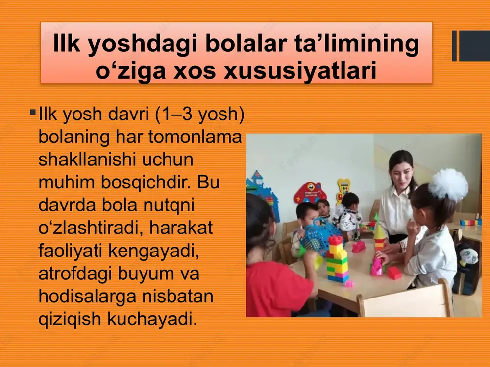 ma qilish kerakligini oʼylash taklif etiladi. oʼrgatishning bu bosqichida birinchi mashgʼulotda bolalar qoʼshishga, keyinroq esa qoʼshish va ayirishga oid masalalarni yechadilar, qoʼshish va ayirishga oid masalalar navbatlashtirib turiladi. javobni qoʼshni sonlar oʼrtasidagi bogʼlanish va munosabatlar haqidagi tushunchaga asoslanib topadilar. xulosa ilk yoshdagi bolalar ta’limini to‘g‘ri tashkil etish ularning kelajakdagi intellektual, hissiy va ijtimoiy rivojlanishiga bevosita ta’sir ko‘rsatadi. shu sababli, maktabgacha ta’lim tashkilotlarida ta’lim shakllarini puxta o‘ylab, o‘yin, muloqot, ijodiy faoliyat va ota-onalar bilan hamkorlik asosida yo‘lga qo‘yish zarur. har bir bola uchun qulay, ishonchli va rag‘batlantiruvchi muhit yaratish — zamonaviy tarbiyachining asosiy vazifasidir. foydalanilgan adabiyotlar o‘zbekiston respublikasi “ta’lim to‘g‘risida”gi qonuni. – toshkent, 2020. “maktabgacha ta’lim va tarbiya to‘g‘risida”gi qonun. – toshkent, 2019. maktabgacha ta’lim davlat o‘quv dasturi – “ilk qadam”. – toshkent, 2021. r. i. to‘xtasinova. maktabgacha pedagogika. – toshkent: fan, 2018. m. abduqodirova. ilk yoshdagi bolalar tarbiyasi va ta’limi. – toshkent, 2020. s. yo‘ldosheva. bolalar psixologiyasi. – toshkent, 2019. …