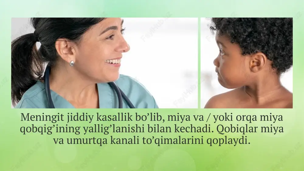 allikdan himoya qilish uchun emlash tavsiya etiladi. meningit alomatlari va belgilari meningit yuqumli kasallikdir va uning birinchi belgilari infektsiyaning mavjudligi va asab tizimining shikastlanishini ko’rsatadi. kasallikning bunday belgilariga quyidagilar kiradi: tana haroratining to’satdan ko’tarilib ketishi, ba’zan eng yuqori darajalargacha; kuchli bosh og’rig’i; bo’yin mushaklari rigidligi (tortilib qolishi), karaxtlik hissi, bosh mushaklarini harakatlantirish, boshni egish, burish qiyinlashuvi; ishtahaning pasayishi, ko’ngil aynishi, yengillik bermaydigan tez-tez qayt qilishlar, diareya (asosan bolalikda); qizil, pushti toshmalar toshishi. toshmalar bosilganda bir muddat yo’qoladi, bir necha soatdan so’ng rangi ko’kimtir tusga o’zgaradi; umumiy zaiflik, holsizlik; kasallikning hatto erta bosqichlarida, ayniqsa, meningit yashin tezligida rivojlanishida ong chalkashishi, haddan tashqari holsizlik yoki qo’zg’alish, gallyutsinator hodisalar namoyon bo’lishi. 11 meningit quyidagi belgilar bilan namoyon bo’ladi: 12 kuchli bosh og’rig’i; gipertermiya 40 °c gacha, isitma, varaja; giperesteziya, turli qo’zg’atuvchilarga yuqori sezuvchanlik (yorug’lik, tovushli, tegadigan); bosh aylanishi, chalkashlik, gallyutsinatsiyalar, hatto komagacha borishi mumkin bo’lgan ongning buzilishi; ishtahaning yo’qolishi, ko’ngil aynish, qayta-qayta qusish; …