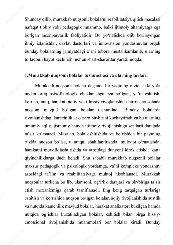 liyatli, murakkab va ayni paytda insonparvarlik ruhiga to‘la yo‘nalishlaridan biridir. bunday bolalar va kattalar jismoniy, ruhiy, aqliy yoki sezgi nuqsonlarining bir nechtasini bir vaqtning o‘zida boshdan kechirganliklari sababli ularning o‘sishi, rivojlanishi va jamiyatda moslashuvi jarayoni o‘ziga xos xususiyatlarga ega bo‘ladi. shu sababli ularga nisbatan yondashuv bir yoqlama yoki tor soha bilan cheklanmasligi, balki tibbiy, psixologik, pedagogik va ijtimoiy sohalar o‘rtasida chuqur integratsiyani talab etadi. klinik-pedagogik yondashuvning asosiy maqsadi murakkab nuqsonli insonni faqat kasallik yoki nogironlik darajasida emas, balki shaxs sifatida ko‘ra olish, uning ichki imkoniyatlarini aniqlab, ularni rivojlantirish uchun mos sharoit yaratishdan iboratdir. klinik-pedagogik yondashuvda har bir inson individual tarzda tahlil qilinadi. bu jarayon avvalo tibbiy tashxis va kuzatuvdan boshlanadi, chunki murakkab nuqsonlar ko‘pincha bir-biri bilan bog‘liq bo‘lgan fiziologik, nevrologik yoki genetik omillar natijasida yuzaga keladi. shundan so‘ng psixologlar va pedagoglar birgalikda bolaning psixik rivojlanish darajasini, hissiy holatini, nutq, tafakkur, idrok va xotira jarayonlarini o‘rganadilar. klinik-pedagogik yondashuvda muhim jihatlardan biri …