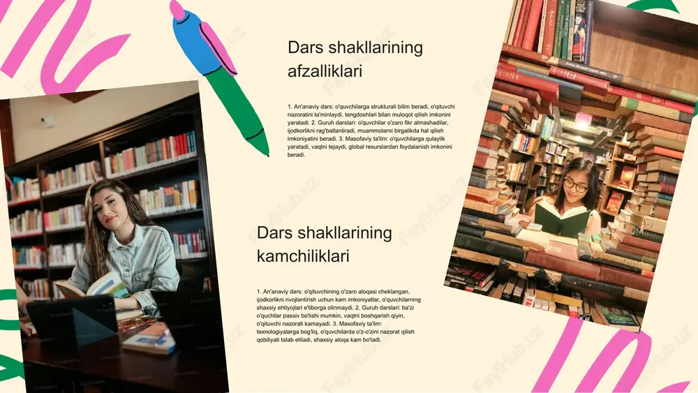 rini qo'llash imkoniyatiga ega bo'ladilar. - guruhli faoliyat: talabalar bir-biri bilan muloqot qilib, fikr almashadilar. o'qituvchilar va talabalar o'rtasidagi munosabatlar o'qitish jarayonida muhim rol o'ynaydi. samimiy va ochiq muloqot o'qituvchining bilimlarni etkazish usullarini yanada samarali qiladi va talabalarning o'qishga bo'lgan qiziqishini oshiradi. o'qitishda texnologiyalarning roli ta'limning kelajagi talabalar faoliyatini rag'batlantirish nima? talabalar faoliyatini rag'batlantirish, dars jarayonida talabalarning faol ishtirokini ta'minlash orqali o'qitish jarayonining muhim jihatlaridan biridir. bu jarayon talabalar o'rtasida o'zaro muloqotni, fikr almashishni va ijodkorlikni oshirishga yordam beradi. talabalarning faoliyati o'qituvchi tomonidan berilgan vazifalarni bajarish va o'qitish jarayonida ko'proq ishtirok etishda ularga ko'maklashadi, bu esa ta'lim sifatini yanada yaxshilaydi. dars davomida faoliyat talabalarning faoliyatini rag'batlantirish o'qitish jarayonida muhim ahamiyatga ega. bu, o'z navbatida, o'quvchilarning o'qishga bo'lgan qiziqishini oshiradi. faollikni rag'batlantirish usullari guruh ishlarini, muhokamalarni va o'yinlarni o'z ichiga olgan turli usullar talabalarni jalb etishga yordam beradi. bu usullar o'quvchilarni bir-biri bilan o'zaro aloqada bo'lishga undaydi. o'yinlar va musobaqalar o'yinlar …