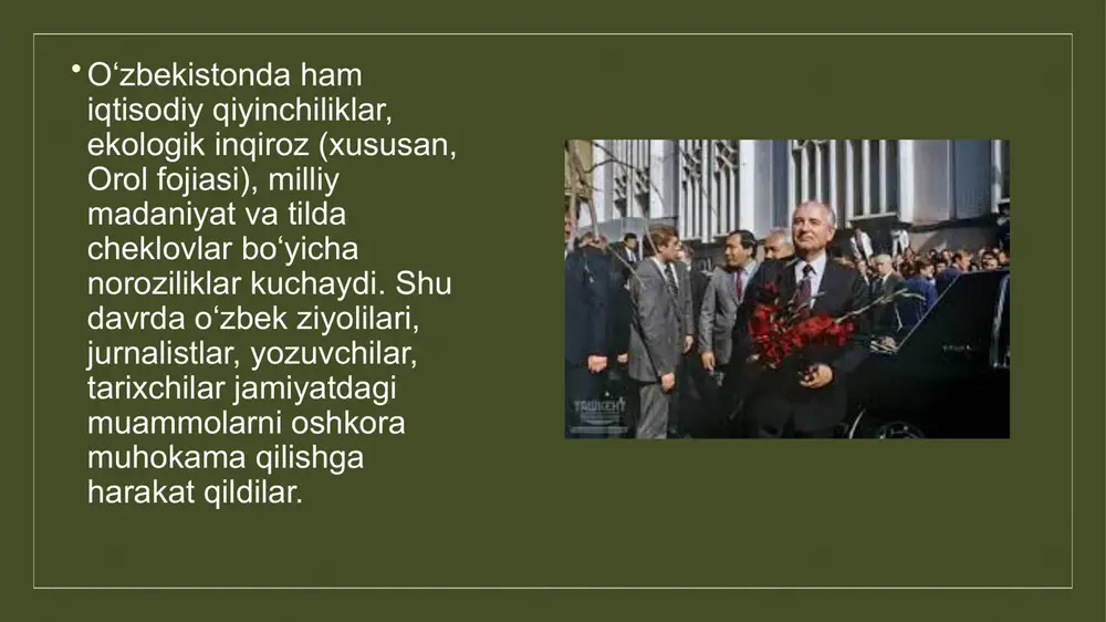 b chiqqan holda, o’zbekiston respublikasining davlat mustaqilligini e’lon qildi va uni mastaqillik to’g’risidagi qonun bilan mustahkamlashni taklif qildi. sessiyada «o’zbekiston respublikasining davlat mustaqilligi to’g’risidagi oliy kengash bayonoti» qabul qilindi. bayonotda bunday deyilgan edi : «mustaqillik deklaratsiyasini amalga oshira borib, o’zbekiston sovet sotsialistik respublikasi oliy kengashi o’zbekistonning davlat mustaqilligini va ozod suveren davlat - o’zbekiston respublikasi tashkil etilganligini tantanali ravishda e’lon qiladi». oliy kengash sessiyasida «o’zbekiston respublikasining davlat mustaqilligini e’lon qilish to’g’risida» qaror qabul qilindi. mazkur qarorda: 1) respublikaning davlat mustaqilligi to’g’risidagi oliy kengash bayonoti tasdiqlansin va resrublika bundan buyon o’zbekiston respublikasi deb atalsin; 2) 1 sentyabr o’zbekiston respublikasining mustaqillik kuni deb belgilansin va 1991 yildan boshlab bu kun bayram va dam olish kuni deb e’lon qilinsin, deb qat’iy belgilab qo’yildi. oliy kengash sessiyasida «o’zbekiston respublikasining davlat mustaqilligi asoslari to’g’risida» qonun qabul qilindi. o’zbekiston respublikasi oliy kengashining vii sessiyasida 1991 yil 30 sentyabr kuni «o’zbekiston respublikasining davlat mustaqilligi asoslari to’g’risi»gi qonunga …