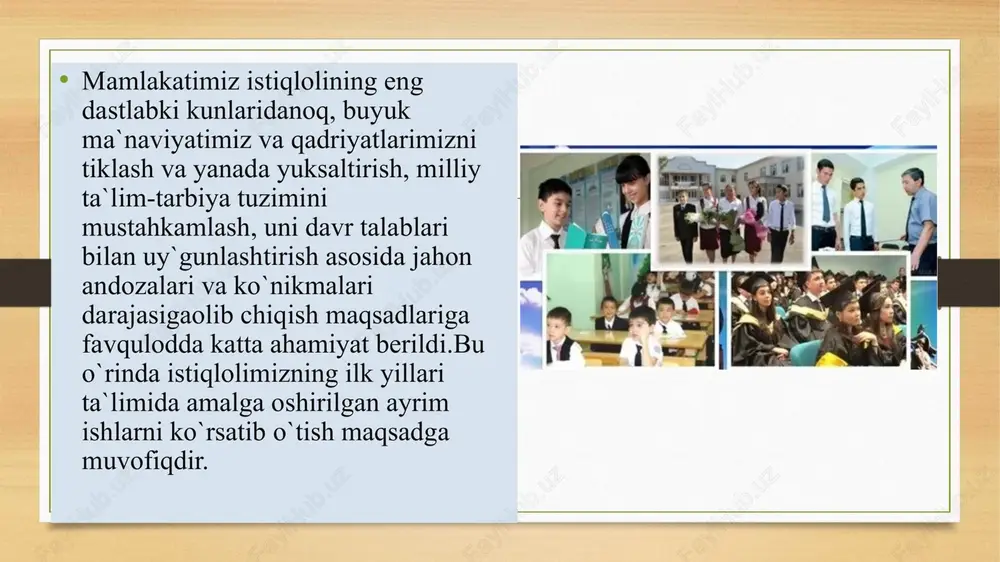 respublikasida umumiy o`rta ta`lim tajriba-tayanch o`quv rejasi, maktablari uchun davlat ta`lim standartlari ishlab chiqilib, ular 24 ta shuningdek qoraqalpog`iston respublikasi xalq ta`limi vazirligi, barcha viloyatlar, toshkent shaxar xalq ta`limi boshqarmalari tomonidan tashkil etilgan 322 ta umumiy o`rta ta`lim maktablarida 1998-1999 o`quv yilida tajriba-sinovdan o`tkazildi. bu jarayonda davlat ta`limi standartlari asosida yaratilgan sinov dasturlari bo`yicha har bir dars mavzusi o`quvchilarning yoshi, psixoriziologik hususiyatlariga mosligi, o`zlashtirishdagi sifat ko`rsatkichlari, mavzularning uzishligi, siddadan murakkabga yo`naltirilganligi, bir-birini to`ldirishi o`rganib borildi. ta’lim muassasalari faoliyatini boshqarishning nazariy asoslari ta’lim muassasalarida boshqaruv — bu maqsadga yo‘naltirilgan, tizimli, izchil jarayon bo‘lib, unda rahbarlik, rejalashtirish, tashkil etish, nazorat va tahlil kabi funksiyalar muhim o‘rin tutadi. menejment nazariyasiga ko‘ra, samarali boshqaruvning asosi – inson omili, ya’ni pedagogik jamoaning kasbiy salohiyati va motivatsiyasidir. ta’lim menejmentining mazmuni va ahamiyati ta’lim menejmenti — bu ta’lim muassasasining maqsad va vazifalariga erishish uchun inson, moddiy va moliyaviy resurslarni oqilona boshqarish tizimidir. ta’lim menejmentining asosiy maqsadi — …
