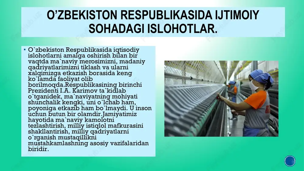 va qarorlari. karimov i.a. yuksak ma’naviyat – yengilmas kuch. – toshkent: ma’naviyat, 2008. mirziyoyev sh.m. yangi o‘zbekiston strategiyasi. – toshkent: o‘zbekiston, 2021. raxmonova n. ijtimoiy siyosat asoslari. – toshkent, 2020. www.lex.uz e’tiboringiz uchun rahmat! image5.jpeg image6.jpeg image7.jpeg image8.jpeg image9.jpeg image10.jpeg image2.png image3.png /docprops/thumbnail.jpeg