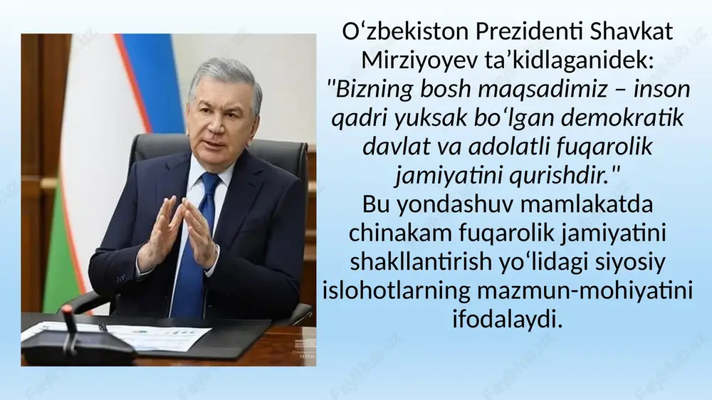 d hokimiyatining mustaqilligi mustahkamlandi, advokatura instituti rivojlantirildi, inson huquqlarini himoya qilish bo‘yicha ombudsman, inson huquqlari milliy markazi faoliyati kengaydi. gender tengligi va ayollar huquqlari. xotin-qizlar qo‘mitasi o‘rniga oila va xotin-qizlar qo‘mitasi tashkil etildi, “gender tengligi to‘g‘risida”gi qonun qabul qilindi. ushbu islohotlar oʻzbekistonda fuqarolik jamiyati tamoyillarining amaliy hayotga joriy etilayotganini yaqqol ko‘rsatadi. fuqarolik jamiyatini yanada rivojlantirish istiqbollari bugungi kunda oʻzbekistonda fuqarolik jamiyatini rivojlantirish jarayoni davom etmoqda. “yangi oʻzbekiston – yangi taraqqiyot bosqichi” konsepsiyasi asosida 2030-yilgacha mo‘ljallangan islohotlar strategiyasi ishlab chiqilgan. kelgusida quyidagi yo‘nalishlarda ishlar amalga oshirilmoqda: jamoatchilik nazorati tizimini mustahkamlash; mahalla institutining rolini oshirish; yoshlar va ayollarni siyosiy hayotga faol jalb etish; korrupsiyaga qarshi kurashni kuchaytirish; ekologik va raqamli fuqarolik jamiyati asoslarini shakllantirish; inson huquqlarini xalqaro standartlarga mos darajada himoya qilish. bugun oʻzbekiston bmt, yxht, yunesko, yevropa ittifoqi kabi xalqaro tashkilotlar bilan hamkorlikda inson huquqlari, ijtimoiy adolat va demokratik qadriyatlarni mustahkamlash yo‘lida faol siyosat yuritmoqda. xulosa xulosa qilib aytganda, oʻzbekistonda demokratik …