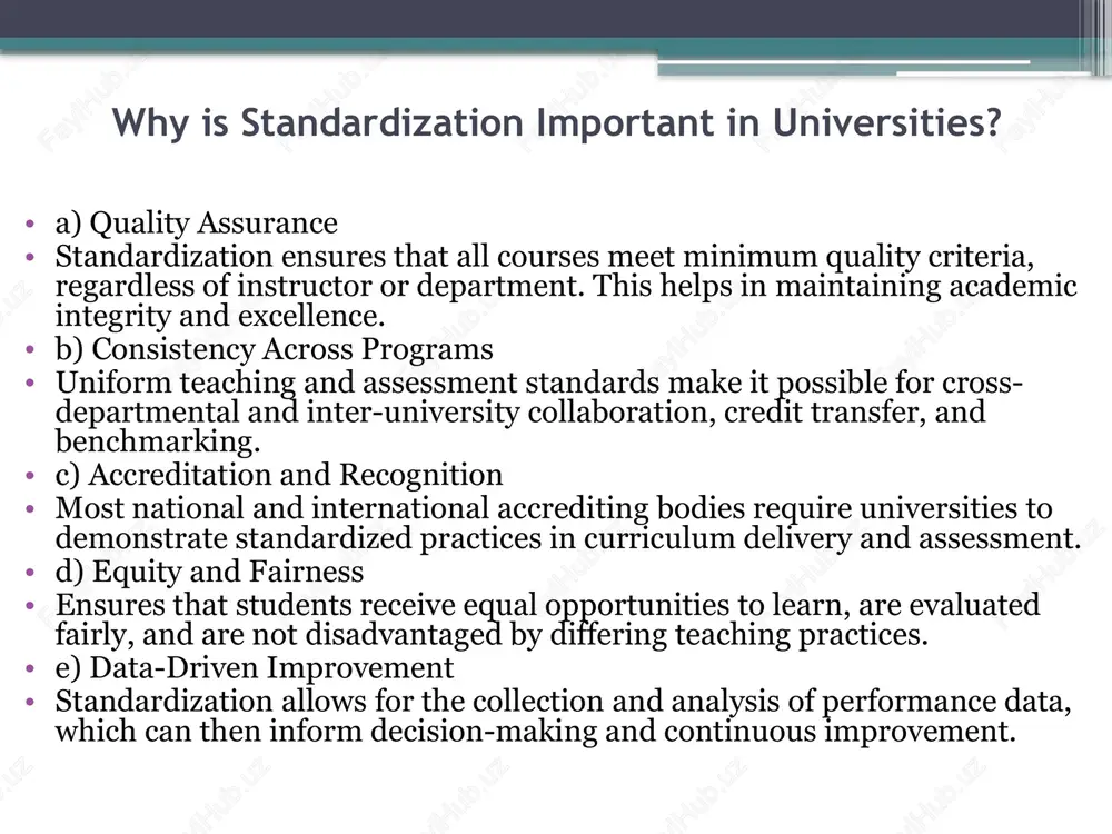 scipline-specific customization promote student-centered learning within standardized frameworks example: a standardized assessment policy might allow different forms of evaluation—such as projects, exams, or portfolios—as long as they meet learning outcome criteria. monitoring and continuous improvement teaching standardization should not be static. it must be subject to: annual review cycles feedback from students and faculty benchmarking with international best practices alignment with job market needs universities should form teaching and learning committees that continuously evaluate and revise standards based on evidence and feedback. conclusion teaching standardization in universities is not about suppressing academic creativity—it is about ensuring fairness, quality, and effectiveness in higher education. when implemented thoughtfully, standardization: enhances learning outcomes supports academic equity builds global trust in the university’s programs prepares students for the demands of the modern workforce as education becomes more international and technology-driven, the need for clear, adaptable, and innovative teaching standards becomes not just beneficial—but essential. …