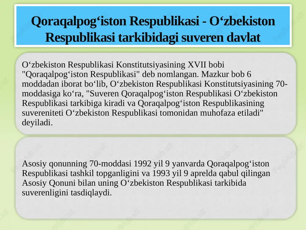 qoraqalpog‘iston respublikasi konstitutsiyasi o‘zbekiston tarkibiga kiruvchi respublikaning asosiy qonuni bo‘lganligi sababli o‘zbekiston konstitutsiyasining tamoyillariga to‘liq mos keladi. qoraqalpog‘iston respublikasi konstitutsiyasining ahamiyati quyidagilarda o‘z aksini topadi: - davlat shaklining, yuridik xususiyati va o‘zbekiston respublikasi tarkibidagi o‘rni hamda o‘zaro munosabatlarining huquqiy asosi; - suverenitetining yuridik kafolati; - mustaqil, to‘la huquqli davlatligi; davlat va ma’muriy - hududiy tuzilish xususiyatlarini hisobga olinishi; qoraqalpog‘iston respublikasi o‘zbekiston respublikasi konstitutsiyasining ustivorligini tan oladi. bu birinchi navbatda qoraqalpog‘iston konstitutsiyasi va qonunlarini tamoyil va moddalari mos kelishi kerakligini anglatadi. qoraqalpog‘iston respublikasi konstitutsiyasi, o‘zbekiston respublikasi konstitutsiyasiga mos kelishi o‘zbekiston va qoraqalpog‘iston o‘rtasidagi davlat-huquqiy munosabatlari bilan chambarchas bog‘liq. o‘zbekiston respublikasi qonunlari qoraqalpog‘iston respublikasi hududida ham amal qilishi majburiydir. huquqiy davlatning asosiy belgilaridan biri-davlat yagona huquqiy siyosat va qonun qo‘llash bilan har ikkala respublikada ham yagona qonunlarga tayanishni talab qiladi. huquqning barcha tarmoqlari o‘zagida o‘zbekiston qonunlari mujassamlashtirilgan bo‘lib, qoraqalpog‘iston hududida ham amal qilishi mustahkamlangan. qoraqalpog‘iston respublikasida davlat hokimiyati xalq manfaatlarini ko‘zlab, konstitutsiyasi …