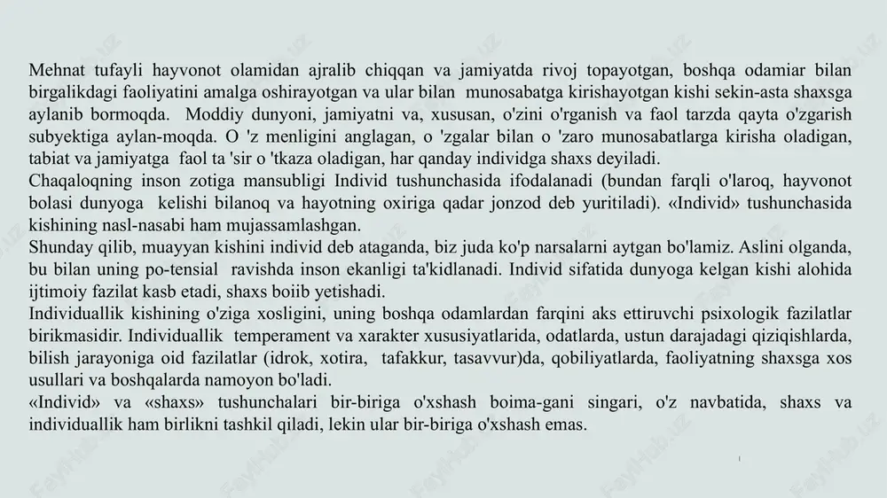 k, xotira, tafakkur va xayol jxususiyatlari, irodaviy zo'r berish, tashqi ta'sirlarga beriluvchanlik kabi boshqa xis-latlarni, «ekzopsixika» esa kishi munosabatlari tizimi va uning tajriba-sini, qiziqishlarini, moyilliklarini, ideallarini ustun darajadagi his-tuyg'ularini shakllangan bilimlari va boshqa belgilarini o'z ichiga oladi. tabiiy asosdagi «endopsixika» ijtimoiy omil bilan belgilanadi-gari «ekzopsixika»ga qarama-qarshi oiaroq, biologik jihat bilan bog'liqdir.tabiiy tarkibiy jihatlar va belgilar kishi shaxsining individuallik tuzilishida uning ijtimoiy jihatdan taqozo etilgan qismlari sifatida mavjud bo'ladi. 2. shaxsning faolligi va yo'naltirilganligi kishining tevarak atrofga munosabati, hamkorlikdagi faoliyati va ijodiy ish jarayonida namoyon bo'ladigan ijtimoiy ahamiyatga molik o'zgarishlar qilish layoqati shaxsning faolligi sifatida tushuniladi. shaxs faolligining ancha umumiy tarzdagi, birikma holidagi ta'rifi uning g'oyaviy prinsipligida, o'z nuqtai nazarini izchil himoya qila borishida, so'zi bilan ishining birligida ifodalanadigan faol hayotiy pozitsiyasini bildiradi. jamiyatda faol hayotiy pozitsiya ijtimoiy burchga nisbatan ongli munosabatda bo'lishni, fuqarolikni, jamoatchilikni, faoliyatga nisba­tan ijodiy munosabatda bo'lishni, ilmiy dunyoqarashga tayanadigan e'tiqodni, ijtimoiy-axloqiy qoidalarning buzilishiga murosasizlikni ta­qozo etadi. asrimiz …