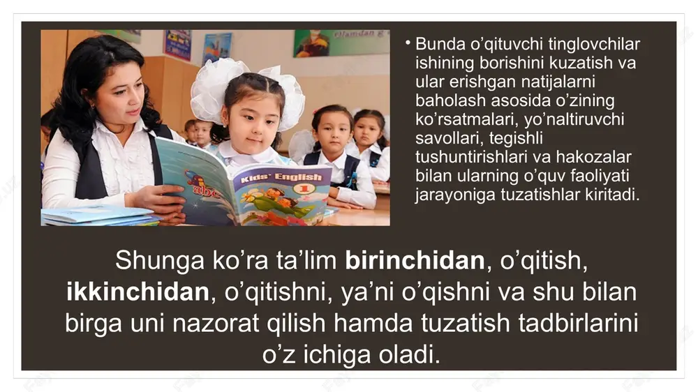 a, samarali tashkil etish imkonini beradi. xulosa ta’lim jarayonining qonuniyatlari va tamoyillari pedagogika fanining asosiy tayanch tushunchalaridan biridir. ular ta’limni to‘g‘ri tashkil etish, shaxsni har tomonlama rivojlantirish hamda bilim sifatini oshirishda muhim rol o‘ynaydi. har bir pedagog ushbu qonuniyat va tamoyillarni chuqur o‘rganib, amaliyotda to‘g‘ri qo‘llay olgan taqdirdagina ta’lim jarayoni samarali kechadi. foydalanilgan adabiyotlar o‘zbekiston respublikasi “ta’lim to‘g‘risida”gi qonuni. – toshkent, 2020. karimov i.a. “yuksak ma’naviyat – yengilmas kuch”. – toshkent: ma’naviyat, 2008. zunnunov a., hasanboeva o. “pedagogika”. – toshkent: o‘qituvchi, 2019. to‘raqulova sh. “pedagogik mahorat asoslari”. – toshkent, 2018. ochilov a. “ta’lim jarayonining zamonaviy tamoyillari”. – toshkent, 2021. abduqodirov a. “pedagogika nazariyasi va tarixi”. – toshkent, 2017. jo‘rayev a., raximov a. “umumiy pedagogika”. – toshkent: fan, 2016. g‘ulomov x. “didaktika asoslari”. – toshkent, 2015. o‘zbekiston milliy entsiklopediyasi. – toshkent, 2010. www.edu.uz image2.bmp image3.png image4.png image5.png image6.png /docprops/thumbnail.jpeg
