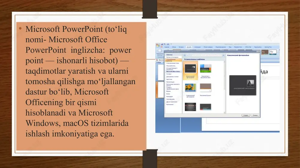otni tizimlashtirishni osonlashtiradi. ular o‘quvchilarning ijodiy fikrlashini rivojlantiradi, muloqot madaniyatini oshiradi va mustaqil taqdimot tayyorlash ko‘nikmalarini shakllantiradi. shu bois bugungi pedagogik faoliyatda taqdimot dasturlarini bilish har bir o‘qituvchi uchun zarur hisoblanadi. xulosa taqdimot dasturlari bugungi ta’lim jarayonining muhim tarkibiy qismiga aylangan. powerpoint, prezi, focusky, canva kabi dasturlar o‘qituvchilarga dars jarayonini samarali, interfaol va qiziqarli o‘tkazish imkonini beradi. ular nafaqat ma’lumot yetkazish, balki o‘quvchilarni ijodiy fikrlashga, mustaqil ishlashga va texnologiyadan to‘g‘ri foydalanishga o‘rgatadi. shunday qilib, taqdimot dasturlarini puxta o‘zlashtirish — zamonaviy o‘qituvchi va talabaning raqamli savodxonligining muhim ko‘rsatkichi hisoblanadi. foydalanilgan adabiyotlar: sh. shodmonov. axborot texnologiyalari asoslari. – toshkent, 2021. x. tursunov. ta’limda multimedia vositalaridan foydalanish. – toshkent: o‘qituvchi, 2020. o‘zbekiston respublikasi xalq ta’limi vazirligi. raqamli pedagogika asoslari. – toshkent, 2022. microsoft. powerpoint user guide. – 2023. prezi va focusky rasmiy veb-sahifalari (prezi.com, focusky.com). image15.emf image16.emf image17.emf image18.emf image19.emf image20.emf image21.emf image22.emf image7.emf image8.emf image9.emf image10.emf image11.emf image12.emf image13.emf image14.emf image23.jpeg image24.jpeg …