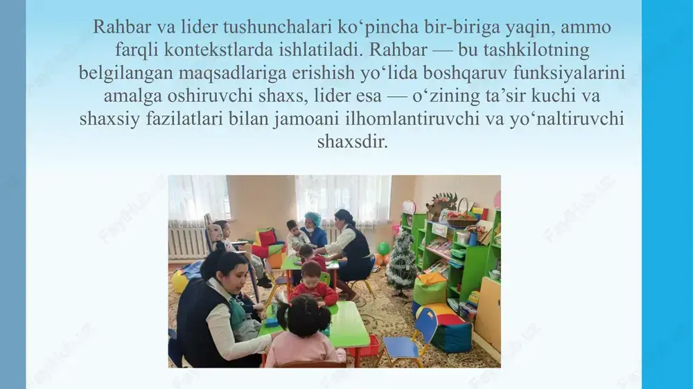 g‘ri uyushtirilishi uchun javobgar; - ilg‘or pedagogik tajribani o‘rganadi, umumlashtiradi va tarqatadi, pedagogik kengashda ko‘rib chiqish uchun zarur materiallarni tayyorlaydi; - maktabgacha ta’lim tashkilotidagi metodik kabinetning ishini tashkil qiladi; bolalarning yoshlariga muvofiq pedagogik qo‘llanmalar va o‘yinchoqlarni tanlaydi; - ota-onalar o‘rtasida pedagogik bilimlarni targ‘ibot qilish, turli guruh tarbiyachilari, shuningdek, maktabgacha ta’lim tashkiloti va maktab ishida uzviylikni ta’minlash bo‘yicha ishni uyushtiradi. o‘z hamkasblarining hurmatini qozonishi va ularga o‘z vazifalarini muvaffaqiyatli bajarishlarida yordam berish uchun uslubchi qanday rahbarlik sifatlariga ega bo‘lishi lozim. uslubchi faqat yaxshi nazariy tayyorgarlikkagina emas, balki bilimlarni amalda qo‘llash ko‘nikmasiga ham ega bulishi zarur. tajribali uslubchining tashabbuskorligi va ishga ijodiy yondoshishi: g‘oyalarini umumlashtira bilish, maqsadga muvofiq ishlash, har bir tarbiyachining imkoniyat va qobiliyatlarini hisobga olishiga qarab farqlanadi. uslubchi talablarni qo‘yishda talabchan va qatiy bo‘lishi kerak. rahbarning o‘ziga buysinuvchilar bilan muloqotning emotsional-irodaviy tomonini ifodolovchi bu sifatlar rahbarlik uslubining muhim xislatini, talabchanlikni hosil qiladi. yuksak talabchanlikni sezgirlik, xayrixoxlik, odamlarga hurmat bilan birga …