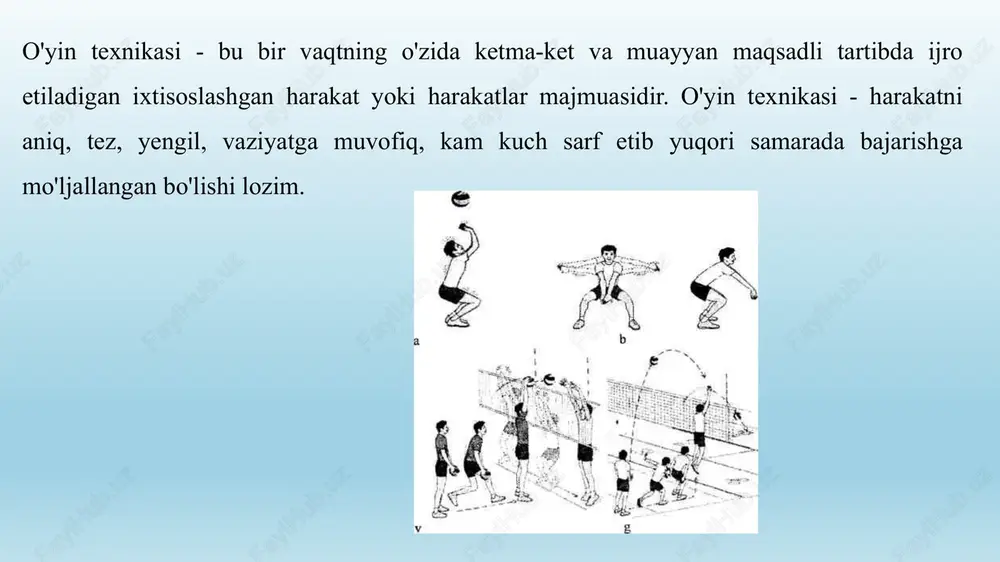 i uzatish oxirida to'liq to'g'rilangan holatda bo'ladi. 12 murakkab hujum kombinatsiyalarini tashkil qilishda, to'p baland berilganda yoki to'pning uchish vaqtini kamaytirish maqsadida sakrab to'p uzatish usulidan foydalaniladi. bu holatda qo'llar bosh ustidan birmuncha baland ko'tariladi va qo'llarning faol ishlashi hisobiga sakrashning yuqori nuqtasidan to'p uzatiladi. xuddi shu holatda qisqa to'p uzatishda asosiy harakat qo'l barmoqlarining faol ishlashi hisobiga amalga oshiriladi 13 to'pni orqa tomonga (mo'ljalga orqa tomon bilan turganda) uzatishda o'yinchi to'pning tagiga kirib boradi. bunda qo'lning orqa kaft qismi bosh orqasigacha ko'tariladi. to'p uzatish qo'llarni tirsak qismida bukib-yozish hisobiga bajariladi, gavda orqaga-yuqoriga harakatlanadi, bunda harakat umurtqa pog'onasining ko'krak va bel qismlarining bukilishi hisobiga bo'ladi (7-rasm). sakrab orqaga to'p uzatish xuddi tayanch holatda orqaga to'p uzatish kabi bajariladi. to'p uzatishning eng murakkab usuli bu sakrab bir qo'l bilan to'p uzatishdir. 14 image1.png image2.jpeg image3.jpeg image4.jpeg image5.jpeg image6.jpeg image7.jpeg