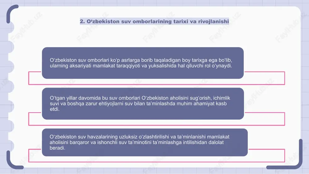 suv omborlarining barqarorligini taʼminlash uchun infratuzilmani yaxshilashni nazarda tutadi. 10. o'zbekistonda suv omborlarini rivojlantirish istiqbollari o‘zbekistondagi suv omborlari yanada rivojlanish uchun katta imkoniyatlarga ega, o‘sish va yuksalish uchun turli imkoniyatlarga ega. mamlakatning tabiiy resurslarning ko'pligi uni suv omborlari loyihalari uchun istiqbolli sarmoyaga aylantiradi. o‘zbekistonda suv omborlarini rivojlantirish istiqbollari suvni saqlash uchun infratuzilmani kengaytirish, sug‘orish tizimlarini takomillashtirish va suv resurslarini boshqarishning barqaror yechimlarini o‘z ichiga oladi. bu yutuqlar mamlakatning umumiy iqtisodiy o‘sishi va barqarorligiga xizmat qiladi. strategik rejalashtirish va texnologik taraqqiyot tufayli o‘zbekiston suv omborlarini o‘zlashtirish bo‘yicha yetakchiga aylanish yo‘lida bormoqda. hukumatning barqaror amaliyot va innovatsiyalarga sodiqligi ushbu muhim sektorda taraqqiyotga yordam beradi. 11. o‘zbekistonda suv omborlarini boshqarishdagi texnologik innovatsiyalar o‘zbekistondagi suv omborlari mamlakatning suv ta’minoti va energiyaga bo‘lgan ehtiyojini ta’minlashda hal qiluvchi rol o‘ynaydi. texnologiyaning rivojlanishi bilan o‘zbekistonda suv omborlarini boshqarishda sezilarli yaxshilanishlar kuzatildi. real vaqt rejimida monitoring tizimlari va ma’lumotlar tahlili kabi texnologik innovatsiyalar o‘zbekistonda suv omborlarini boshqarish samaradorligi …