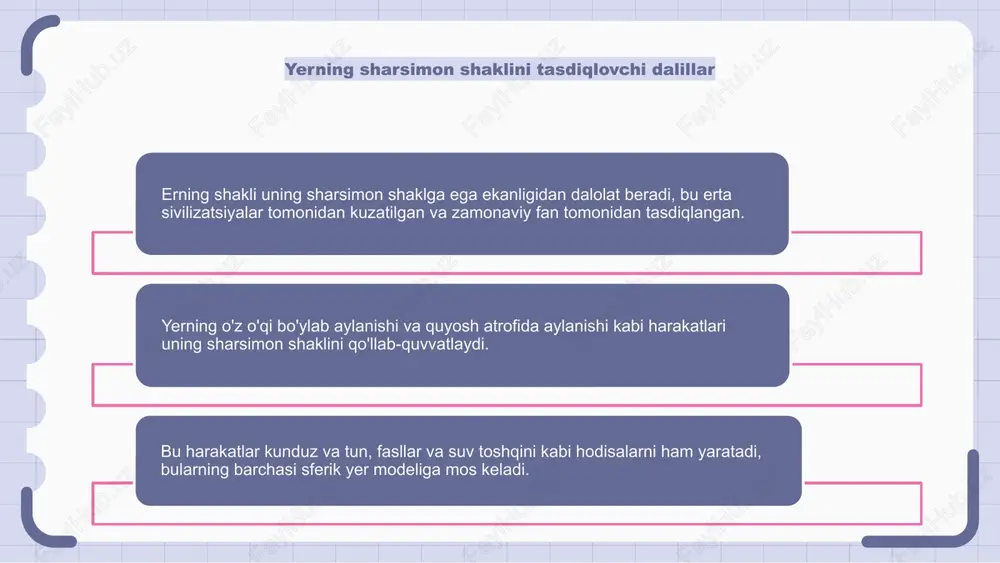 nligiga va quyosh nurlarining intensivligiga ta'sir qiladi. bu harakatlar harorat va ob-havo sharoitlarining o'zgarishi uchun javobgardir. ushbu harakatlarni tushunish iqlim modellarini bashorat qilish va inson faoliyatining atrof-muhitga ta'sirini o'rganish uchun juda muhimdir. yerning harakati bizning dunyomizni shakllantiradi. xulosa: dinamik yerni tushunish yer geologik jarayonlar va samoviy ta'sirlar ta'sirida o'zining shakli va harakatlarida doimo o'zgarib turadigan dinamik mavjudotdir. bu harakatlarni, shu jumladan aylanish va inqilobni tushunish sayyoramizning murakkabligini va uning kundalik hayotga ta'sirini tushunishimizga yordam beradi. erning dinamik tabiatidan xabardorlik bizning atrof-muhit bilan bog'lanish tuyg'usini kuchaytiradi va kelajak avlodlar uchun barqaror amaliyotlarning muhimligini ta'kidlaydi. e'tiboringiz uchun rahmat