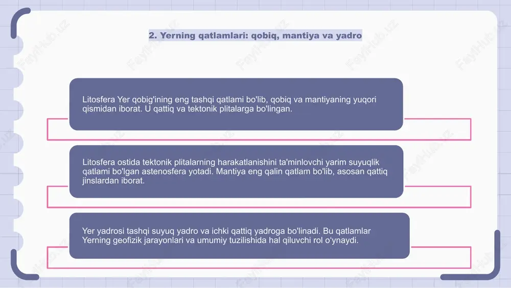 hlar ta’sirida litosferaning shakli va tuzilishining o‘zgarishi tushuniladi. bu tog'lar, vodiylar va boshqa geologik xususiyatlarning shakllanishiga olib kelishi mumkin. yer qobig'ining deformatsiyasini tushunish geologlar uchun yer yuzasi vaqt o'tishi bilan qanday o'zgarganligini o'rganish va zilzilalar va vulqon otilishi kabi kelajakdagi geologik hodisalarni bashorat qilish uchun juda muhimdir. 11. litosferaning zilzilalar va vulqonlardagi roli yer qobig'ining eng tashqi qatlami bo'lgan litosfera zilzilalar va vulqonlarda hal qiluvchi rol o'ynaydi. bu erda tektonik plitalar o'zaro ta'sir qiladi va seysmik faollikni keltirib chiqaradi. zilzilalar paytida litosfera kuchli bosim va harakatni boshdan kechiradi, chunki plitalar siljiydi. bu harakat natijasida seysmik to'lqinlar ko'rinishida energiya chiqishi mumkin. xuddi shunday, vulqonlar ko'pincha litosfera eng yupqa bo'lgan tektonik plitalar chegaralari bo'ylab topiladi. keyin yer mantiyasidagi magma ko'tarilib, vulqon otilishini keltirib chiqarishi mumkin. 12. litosferaning uglerod aylanishidagi roli er qobig'i va yuqori mantiyadan tashkil topgan litosfera uglerod aylanishida muhim rol o'ynaydi va uglerodni ob-havo va eroziya kabi jarayonlar orqali saqlash …