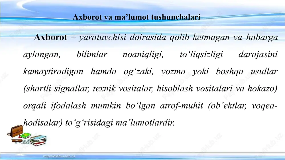 i shakllantirishga, ma’nosini, mazmunini aniqlashga, umumlashtirishga xizmat qiladi. masalan, axborotni kodlar orqali ifodalashni ko‘rsatish mumkin. sintaktik adekvatlik – axborotning mazmuniga tegmagan xolda, uning rasmiy-strukturaviy xarakteristikalarini ifodalaydi. sintaktik darajada axborotni ifodalash usulida axborot eltuvchi turi, uzatish va qayta ishlash tezligi, ifodalash kodining o‘lchamlari, bu kodlarni o‘zgartirish aniqligini va ishonchliligi hisobga olinadi. axborotning mazmuniga ahamiyat berilmaganligi sababli, bunday axborot ma’lumot deb ataladi. pragmatik (foydalanuvchanlik) adekvatlik - axborot bilan foydalanuvchining munosabatlarini aks ettiradi, axborotni uning asosida amalga oshiriladigan boshqarish tizimi maqsadiga muvofiqligini ifodalaydi. axborotning pragmatik xususiyatlari faqat axborot (ob’yekt), foydalanuvchi va boshqarish maqsadlarining umumiyligida namoyon bo‘ladi. adekvatlikning ushbu shakli axborotdan amaliy foydalanish bilan bevosita bog‘langan, shuning uchun ham foydalanuvchanlik xususiyatlari tahlil etiladi. axborotning o‘lchov birliklari umumiy holatda axborotni mazmuni, usuli va miqdori bilan tavsiflash mumkin. axborot miqdori tushunchasi o‘tgan asrning 30-yilarida yuzaga kelgan va 50-yillarda asosan aloqa texnikasi maqsadlari uchun shakllangan. 1948 yili k.e.shennon axborot miqdorini aniqlash uchun shunday klassik formulani berdi: bunda …