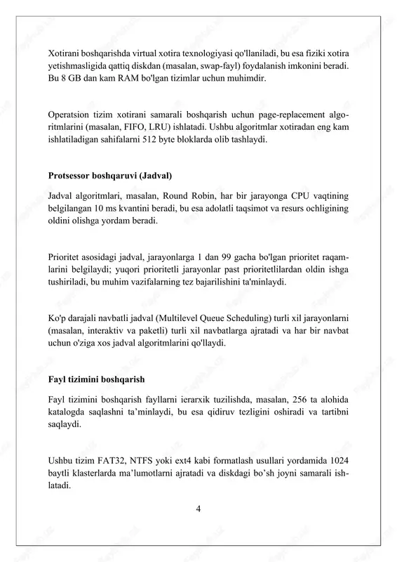 turli xildagi dasturiy ta'minotlar o'rtasida ma'lumot almashinuvini osonlashtiradi, shu bilan birga, 95% hollarda dasturiy ta'minotning moslashuvchanligini oshiradi. interfeys ta'minoti, shuningdek, 7 turdagi kirish qurilmalari (klaviatura, sichqoncha, sensorli ekran) orqali foydalanuvchi buyruqlarini qabul qiladi va ularni operatsion tizimga mos keladigan formatga aylantiradi. tarmoq xizmatlari tarmoq xizmatlari fayllarni almashish imkoniyatini ta'minlaydi, masalan, smb/cifs protokoli orqali windows kompyuterlari o'rtasida yoki nfs orqali linux/unix tizimlarida samarali ma'lumot uzatiladi. ip-manzillarni avtomatik ravishda tarqatish uchun dhcp serveri muhim, bu tarmoqdagi har bir qurilmaga 192.168.1.100 dan 192.168.1.200 gacha bo'lgan noyob ip beradi va mojarolarni oldini oladi. dns xizmati domen nomlarini (masalan, example.com) ip-manzillarga (masalan, 93.184.216.34) tarjima qilib, odamlar uchun qulay bo'lgan internet manzilini ishlatish imkoniyatini beradi. hisobdorlik hisobdorlik resurslardan foydalanishni nazorat qiladi, 128 megabayt ram yoki 1 gigagertsli protsessor kabi, hisob maʼlumotlarini yuritadi va har bir foydalanuvchi yoki jarayonning resurslardan foydalanish muddatini belgilaydi. odatda hisobdorlik resurslardan noto‘g‘ri foydalanishni aniqlash uchun tizim jurnalida voqealarni qayd etadi, bu esa …