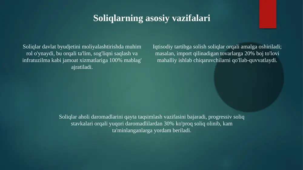 oliqlar aholining ijtimoiy himoyasini taʼminlashda muhim rol oʻynaydi, jumladan, pensiya taʼminoti, vaqtincha mehnatga layoqatsizlik nafaqalari va ishsizlik nafaqalarini moliyalashtirish orqali. ijtimoiy soliqlar, oʻzbekistonda 2019-yildan boshlab yagona ijtimoiy toʻlov sifatida joriy etilgan boʻlib, pensiya, ijtimoiy sugʻurta va bandlik jamgʻarmalariga yoʻnaltiriladi. ushbu soliq stavkalari turli toifadagi ish beruvchilar uchun belgilanadi, misol uchun, kichik biznes subyektlari uchun soliq yuklamasi 25% dan kam boʻlishi mumkin. soliq siyosatining ahamiyati soliq siyosati davlat budjetining 30-50%ini tashkil etuvchi daromadlarni shakllantirib, iqtisodiy barqarorlikni ta'minlashda muhim rol o'ynaydi. soliq siyosati orqali hukumat 20 dan ortiq ijtimoiy dasturlarni, jumladan, pensiya va nafaqalarni moliyalashtirib, aholining farovonligini oshiradi. soliq imtiyozlari va preferensiyalari orqali soliq siyosati, masalan, 10% chegirma berish orqali, investitsiyalarni rag'batlantiradi va iqtisodiy o'sishni tezlashtiradi. e'tiboringiz uchun rahmat image1.png image2.png image3.png image4.png image5.png