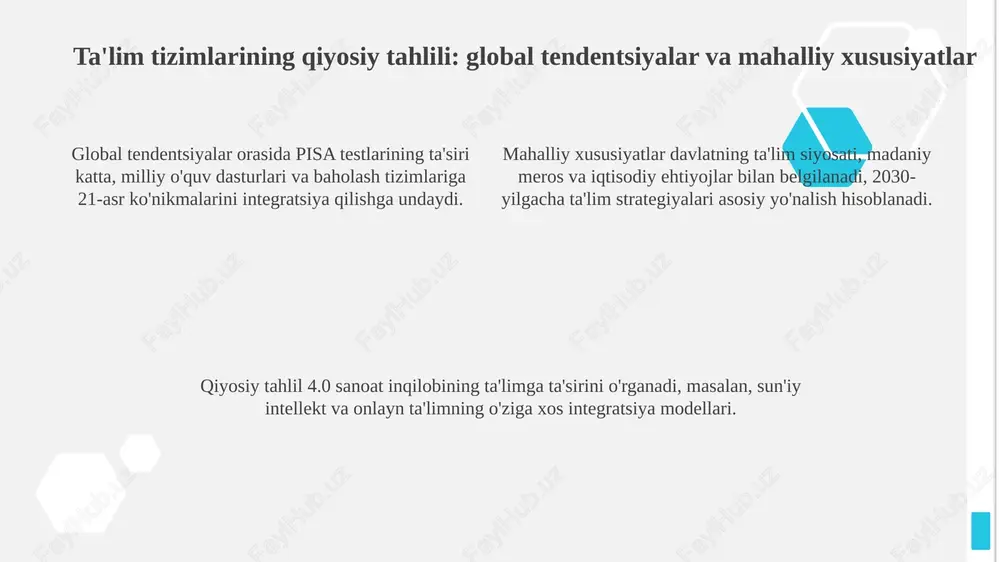 oliy ta'limning qiyosiy aspektlarida muhim ahamiyatga ega, ayniqsa 2024 yildan keyin yangi tendensiyalar paydo bo'lishi mumkin. kasbiy ta'lim va malaka oshirishning qiyosiy tahlili qiyosiy tadqiqotlar malaka oshirish tizimlarining moliyalashtirish modellari (davlat, xususiy) va kasbiy ta'lim muassasalarining boshqaruv tuzilmalarini optimallashtirish imkoniyatlarini o'rganadi. kasbiy ta'limning qiyosiy tahlili turli mamlakatlarda davlat standartlari (masalan, 3++ avlodi) asosida o'quv rejalari va dasturlari sifatini baholashga qaratilgan. malaka oshirishning qiyosiy tahlili o'qitish metodlari samaradorligini (pisa, timss kabi) va pedagogik texnologiyalarni tadqiq etish orqali kasbiy kompetensiyalarni rivojlantirishga yo'naltirilgan. noformal ta'lim va uzluksiz ta'limning qiyosiy istiqbollari norasmiy ta’limda moslashuvchanlik 70% yuqori, uzluksiz ta’limda esa 50% kasbiy mahoratga yo'naltirilgan, bu shaxsiy ehtiyojlarni qondirishda muhim ahamiyatga ega. uzluksiz ta’limda 65% hollarda malaka oshirish kurslari, norasmiy ta’limda esa 80% ko‘ngilochar o‘quv dasturlari ustunlik qiladi, bu farq o‘quv maqsadlarida yaqqol ko'rinadi. ikkala tizimda ham 25-50 yosh oralig‘idagi talabalar soni 60% ni tashkil etadi, ammo norasmiy ta’limda ayollar ishtiroki 15% ga yuqori, gender tengligi …