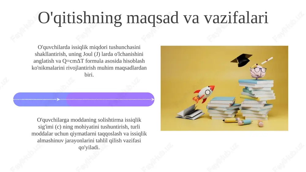 qali bog'lanish mavjudligini amaliy topshiriqlarda qo'llashda xatolar sodir bo'lishi mumkin. xulosa issiqlik miqdorini o'qitishda o'quvchilarga kalorimetr yordamida 2 xil moddaning issiqlik sig'imini aniqlashga doir amaliy mashg'ulotlar orqali ularning bilimlarini mustahkamlash kerak. 7-sinfda issiqlik miqdori mavzusini o'qitish metodikasi o'quvchilarga issiqlik almashinuvi jarayonlarini tushunishga yordam beradi, masalan, qanday qilib 100 gradusli suv sovutiladi. e'tiboringiz uchun rahmat image4.png image5.jpg image6.jpg image7.jpg image8.jpg image9.jpg image10.jpg image11.jpg image12.jpg image13.jpg image14.jpg image15.jpg image16.jpg image17.jpg image18.jpg image19.jpg image1.jpeg image2.jpeg image3.jpeg