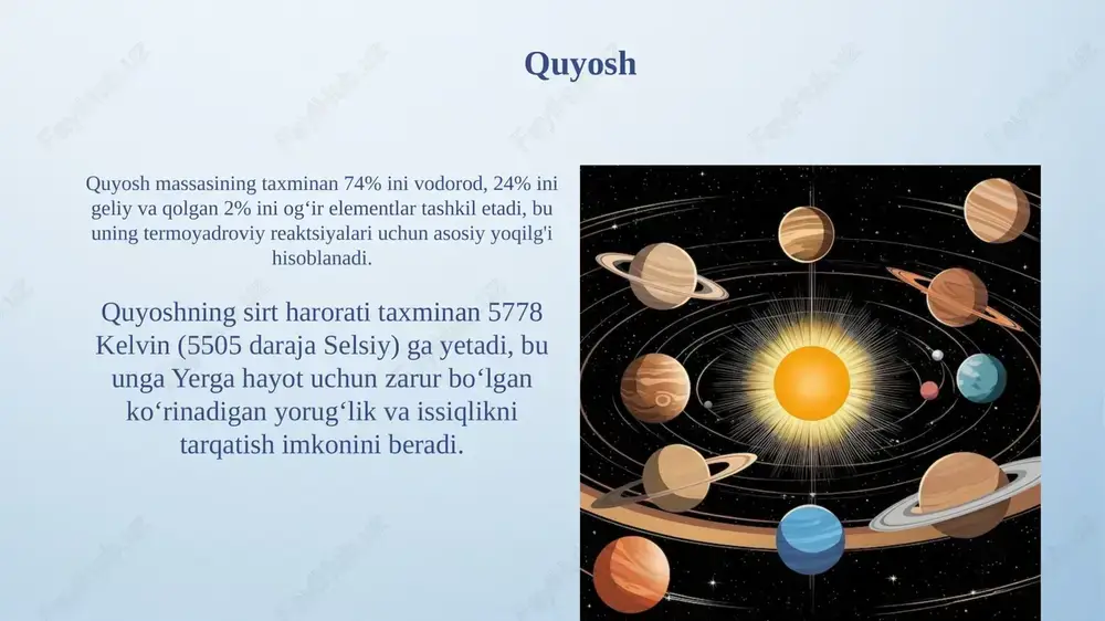 sayyoralarning atmosferasi va iqlimi venera atmosferasi 96.5% karbonat angidriddan iborat boʻlib, kuchli issiqxona effektini yaratadi, sirt haroratini 462 °c ga yetkazadi va atmosfera bosimi yerga nisbatan 90 barobar katta. mars atmosferasi juda yupqa, asosan karbonat angidriddan tashkil topgan (95%), oʻrtacha harorat -63 °c atrofida, chang boʻronlari tez-tez uchraydi va atmosfera bosimi yerga nisbatan 100 barobar kichik. quyosh sistemasining shakllanishi va evolyutsiyasi quyosh sistemasi taxminan 4,6 milliard yil oldin molekulyar bulutning gravitatsion kollapsi natijasida shakllangan bo'lib, uning massasining ko'p qismi protoyulduzni hosil qildi. dastlabki quyosh diskidan chang va gazlar to'qnashib, birlashib, asta-sekin kattalashib, protoplanetalarni hosil qildi, ularning ba'zilari keyinchalik sayyoralarga aylandi. e'tiboringiz uchun rahmat image4.png image5.png image6.jpg image7.jpg image8.jpg image9.jpg image10.jpg image11.jpg image12.jpg image13.jpg image14.jpg image15.jpg image16.jpg image17.jpg image18.jpg image19.jpg image20.jpg image21.jpg image22.jpg image3.jpeg