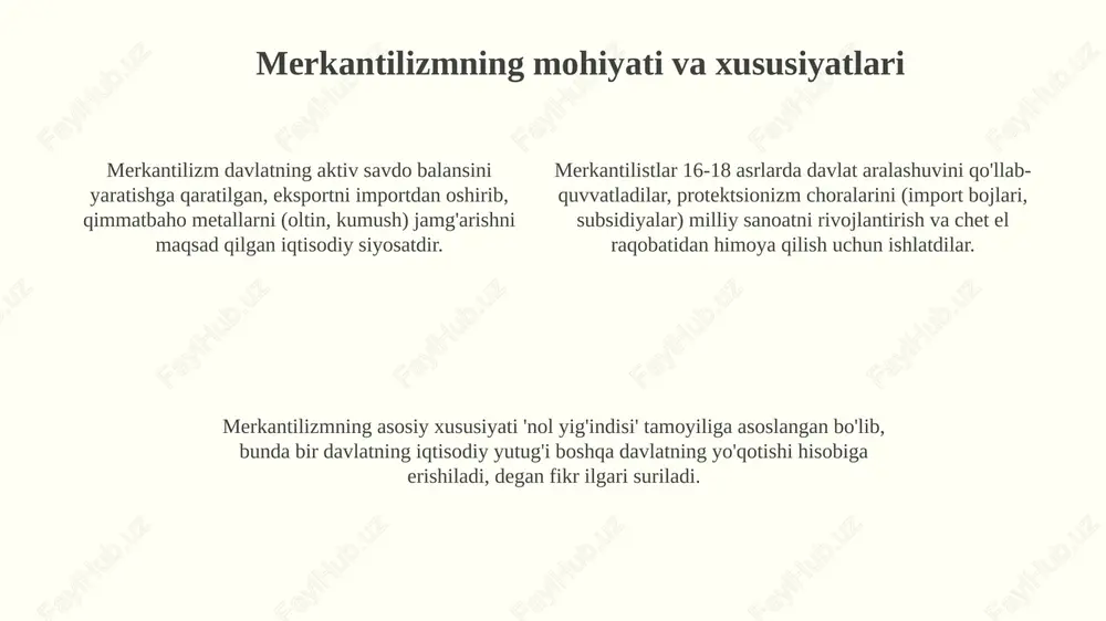 ning narx-pul mexanizmi merkantilizmning pul to'plash g'oyasini rad etdi, pul massasining oshishi inflyatsiyani 1752-yilda keltirib chiqarishini isbotladi. merkantilizmning iqtisodiy nazariyaga ta'siri merkantilizm g'oyalari sanoatning rivojlanishiga va mustamlakachilikning kengayishiga turtki berdi, lekin uning cheklangan savdo qarashlari global iqtisodiy o'sishga to'sqinlik qildi. merkantilizm, 16-18 asrlarda hukmron bo'lgan, eksportni rag'batlantirib, importni cheklash orqali davlat boyligini oshirishga qaratilgan siyosat edi, bu esa proteksionizmga olib keldi. ushbu nazariya, oltin va kumush zaxiralarini ko'paytirish orqali milliy qudratni mustahkamlashni maqsad qilgan. bu fikr keyinchalik klassik iqtisodchilar tomonidan tanqid qilindi. misollar: merkantilistik siyosat angliyaning navigatsiya qonunlari, 1651-yildan boshlab, faqat ingliz kemalarida yoki ingliz tovarlarini ishlab chiqaruvchi kemalarda savdo qilishni talab qilib, raqobatni kamaytirdi. fransiyada kolbertizm, 17-asrda, davlat subsidiyalari va himoya tariflari orqali mahalliy sanoatni kuchaytirdi, importni kamaytirib, eksportni rag'batlantirdi. ispaniya xazina flotlari, 16-18-asrlarda, amerikadan oltin va kumushni monopoliyaga olish uchun yaratilgan, bu esa ispaniyaning iqtisodiy nazoratini ta'minladi. xulosa xulosa, merkantilistik g'oyalarning zaif tomonlarini, masalan, inflyatsiya va resurslarning noto'g'ri …