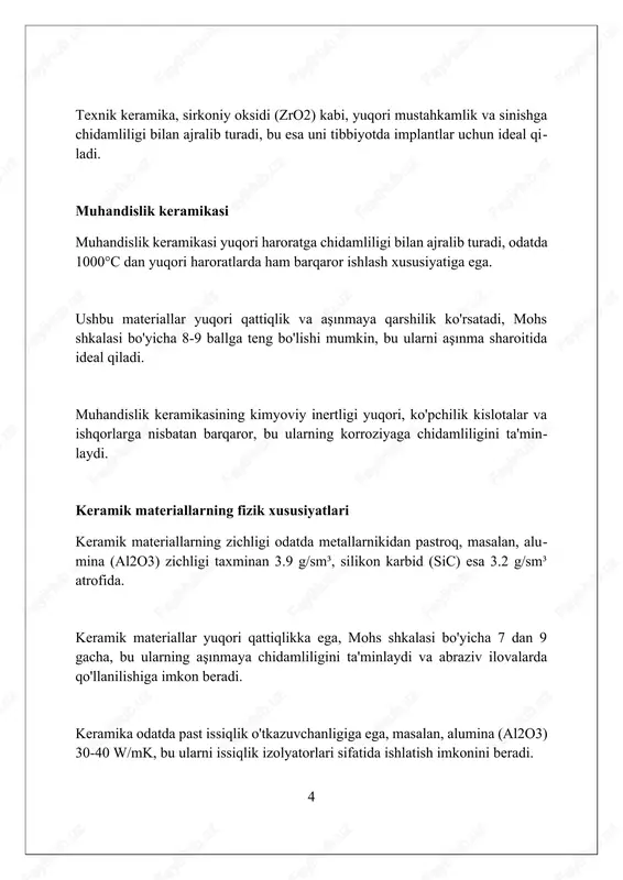 nt bog'lanishlar atomlarning diffuziyasini qiyinlashtiradi, shu sababli korroziya darajasi past bo'ladi. keramik materiallarning qo'llanilishi keramik materiallar yuqori haroratga chidamliligi sababli, o'choqlarni qoplashda, issiqlik izolyatorlari sifatida, va gaz turbinalarida issiqlikka bardoshli qismlar tayyorlashda keng qo'llaniladi. elektr o'tkazuvchanlik xususiyatlariga qarab, keramika kondensatorlar, izolyatorlar va yarimo'tkazgich qurilmalarida ishlatiladi, masalan, mikroelektronikada ishlatiladigan kremniy karbidli qismlar. biologik inertligi tufayli, keramika tibbiyotda tish implantlari, suyak transplantatlari va boshqa bio-uyg'unlashuvchan implantlar tayyorlash uchun ideal material hisoblanadi, masalan, alyuminiy oksidi. keramik materiallarni ishlab chiqarish jarayoni keramik materiallar ishlab chiqarishda xom ashyoni maydalash, aralashtirish va shakllantirish kabi qadamlar mavjud, bunda gilli minerallar va boshqa oksidlar muhim rol o'ynaydi. pishirish jarayoni, odatda 1000 dan 2000 daraja selsiygacha bo'lgan yuqori haroratda amalga oshiriladi va materialning mustahkamligini oshiruvchi sinterlash hodisasini yuzaga keltiradi. sirtdagi pardozlash, sirlash yoki metall qoplamalar yordamida amalga oshiriladi; bu nafaqat estetik ko'rinishni yaxshilaydi, balki kimyoviy va mexanik chidamlilikni ham oshiradi. keramik materiallarning afzalliklari va kamchiliklari keramika materiallarining afzalliklari yuqori …