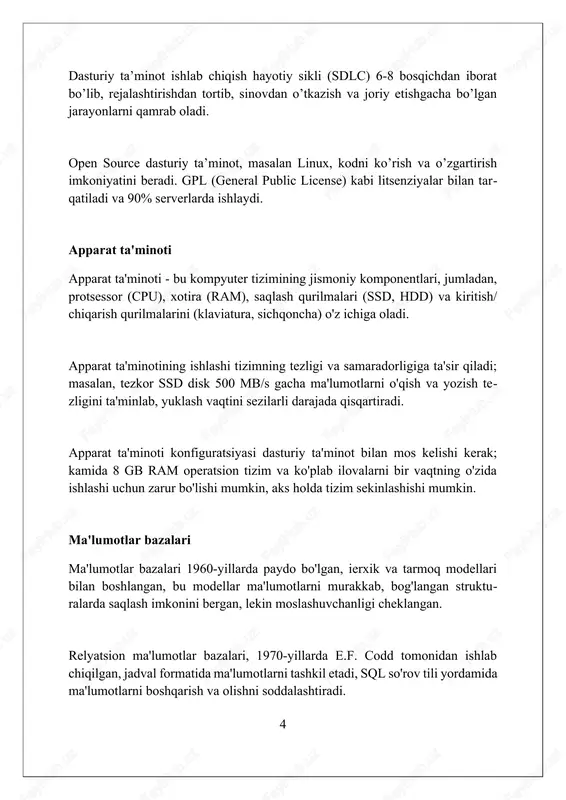 ar katta hajmdagi ma'lumotlar orqali 95% aniqlikka erishishi mumkin. chuqur o'rganish mo ning bir turi bo'lib, ko'p qatlamli neyron tarmoqlardan foydalanadi. u 99% aniqlikdagi tasvirlarni aniqlash, tabiiy tilni qayta ishlash kabi vazifalarni bajarishda samarali hisoblanadi. bulutli hisoblash bulutli hisoblashning asosiy afzalliklaridan biri bu ma'lumotlarni saqlash va qayta ishlash uchun infratuzilmaga investitsiya qilish zaruratini kamaytiradigan 'to'lov-foydalanish' modelidir. bulutli hisoblashning uchta asosiy xizmat modeli mavjud: iaas, paas va saas. ularning har biri mijozlarga turli darajadagi boshqaruv va moslashuv imkoniyatlarini taqdim etadi. 2024-yilga kelib, bulutli hisoblash bozori $480 milliarddan oshishi kutilmoqda, bu esa raqamli transformatsiya va korxonalarning moslashuvchanlikka intilishini aks ettiradi. katta ma'lumotlar katta ma'lumotlar hajmi terabaytlardan petabaytlarga yetishi mumkin, bu esa an'anaviy ma'lumotlar bazalari va dasturlari bilan ishlashni qiyinlashtiradi, masalan, 5-10 yillik ma'lumotlar arxivi. hajm, tezlik, xilma-xillik va aniqlik kabi 4 v (ingliz tilidagi volume, velocity, variety, veracity so'zlaridan olingan) katta ma'lumotlarning asosiy xususiyatlari bo'lib, analitik murakkablikni oshiradi. katta ma'lumotlar tahlili marketingda …