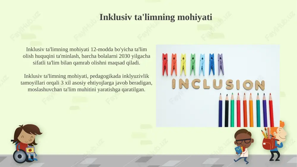 nligi bo'lgan talabalar umumiy sinflarda ta'lim oladi va zarur yordam bilan ta'minlanadi. o'zbekistonda inklusiv ta'lim o'zbekistonda 2020-yilda "inson huquqlari bo'yicha o'zbekiston respublikasining milliy strategiyasi" qabul qilinishi inkluziv ta'lim rivojiga turtki berdi va muhim ahamiyat kasb etdi. o'zbekistonda inkluziv ta'limning maqsadi – imkoniyati cheklangan bolalarning teng huquqli ta'lim olishini ta'minlash va jamiyatga integratsiyasini kuchaytirishdir. bu o'z ichiga davlat siyosatini ham oladi. xulosa xulosa, o'rganilgan materiallarni mustahkamlash va 3-bosqichda talabalarning tushunish darajasini baholash uchun muhim ahamiyatga ega, bu esa o'quv jarayonini optimallashtiradi. umumiy xulosalar, inkluziv ta'lim kursining asosiy maqsadlarini va vazifalarini qamrab oladi, 100% tushunishga erishish uchun amaliy ko'nikmalarni shakllantirishga yordam beradi. e'tiboringiz uchun rahmat image6.png image7.jpg image8.jpg image9.jpg image10.jpg image11.jpg image12.jpg image13.jpg image14.jpg image15.jpg image16.jpg image17.jpg image18.jpg image19.jpg image20.jpg image21.jpg image22.jpg image23.jpg image5.png