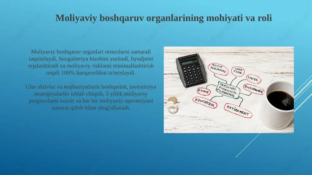 ologiyalari risklarni baholash va boshqarishda muhim rol o'ynaydi, xususan, kompleks algoritmik modellar va katta ma'lumotlar tahlili orqali moliyaviy xatarlarni aniqlash va minimallashtirishda yordam beradi. zamonaviy axborot texnologiyalari moliyaviy hisobotlarni avtomatlashtirish, xatolarni kamaytirish va shaffoflikni oshirish orqali moliyaviy ma'lumotlarni tezkor va aniq qayta ishlash imkoniyatini beradi, bu esa samarali boshqaruv qarorlar qabul qilishga yordam beradi. moliyaviy barqarorlikni ta'minlash moliyaviy barqarorlikni ta'minlashda o'zbekiston respublikasi markaziy banki muhim rol o'ynaydi, inflyatsiya targetlash siyosati orqali narx barqarorligini ta'minlashga qaratilgan. hukumat defisitni kamaytirish va davlat qarzini boshqarish orqali moliyaviy barqarorlikka hissa qo'shadi, bu esa kredit reytinglarini yaxshilash va investitsiyalarni rag'batlantirishga yordam beradi. xulosa “xulosa” audit tekshiruvlarining yakuniy bosqichi bo'lib, unda aniqlangan moliyaviy buzilishlar, kamchiliklar va ularni bartaraf etish choralarini qamrab oluvchi umumlashtirilgan hisobot taqdim etiladi. “xulosa”da korxona moliyaviy holatining barqarorligi, aktivlar samaradorligi va majburiyatlar bajarilish darajasi bo'yicha 360 darajali tahlil asosida aniq baholar beriladi. e'tiboringiz uchun rahmat image2.jpg image3.jpg image4.jpg image5.jpg image6.jpg image7.jpg image8.jpg image9.jpg …