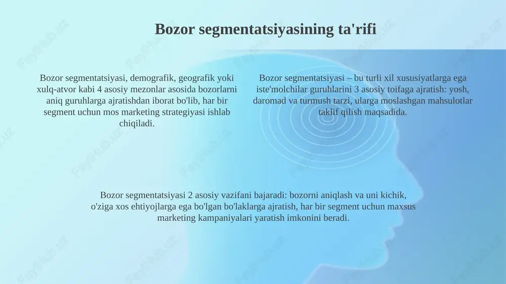 maytirishi mumkin. agar segmentlar yaxshi aniqlanmagan boʻlsa, marketing harakatlari samarasiz boʻlib, investitsiya qaytimi 10% kamayishi mumkin. samarali segmentatsiya shartlari segmentlar yetarlicha katta bo'lishi kerak, taxminan 5000 xaridor, tijorat nuqtai nazaridan foydali bo'lishi uchun, chunki kichik segmentlar xarajatlarni qoplamaydi. segmentlar o'lchanadigan bo'lishi kerak, ya'ni segment hajmi, xarid qobiliyati va profilini 10% aniqlik bilan aniqlash imkoniyati mavjud bo'lishi darkor. segmentlarga kirish imkoniyati mavjud bo'lishi lozim, 25% chegirma bilan mahsulotlarni qanday sotishni aniq bilish kerak, reklama va savdo kanallarini aniqlash juda muhim. bozor segmentatsiyasi strategiyalari kontsentratsiyalashgan segmentatsiya bitta, aniq belgilangan segmentga qaratiladi. resurslar cheklangan korxonalar uchun ideal bo'lib, bozorda 80/20 qoidasi bo'yicha katta ulushga erishishga intiladi. differensial segmentatsiya bir nechta segmentlarni maqsad qiladi, har biri uchun moslashtirilgan marketing aralashmasidan foydalanadi. masalan, 3 xil segment uchun 3 xil reklama kampaniyasi yaratish. mikrosegmentatsiya yuqori darajadagi xususiylashtirishni o'z ichiga oladi, xaridorlar guruhlari uchun aniq marketing xabarlarini yaratadi. bu har bir xaridorga 1-dan 1-gacha yondashuv bo'lib hisoblanadi. …