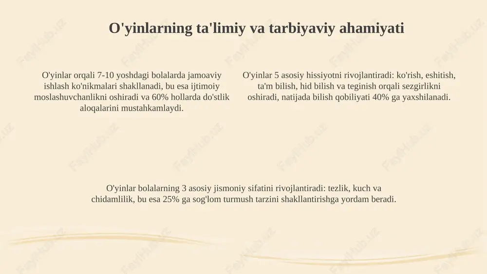 tushunarli bo'lishi shart. 10-12 yoshdagi o'quvchilarda jamoaviy ruh yuqori bo'lgani uchun, musobaqa elementlari kuchaytirilgan, o'zaro yordamni rag'batlantiruvchi o'yinlar tashkil etish maqsadga muvofiqdir. 13-15 yoshdagi o'quvchilar uchun murakkabroq strategiyalarni talab qiladigan, 3-4 bosqichli o'yinlar qiziqarli bo'lishi mumkin, bu esa ularning mantiqiy fikrlash qobiliyatini rivojlantiradi. o'yinlarda individual yondashuv o'yinlarda individual yondashuv har bir bolaning 1-shaxsiy xususiyatlarini hisobga olgan holda, ularning qiziqishlari, qobiliyatlari va ehtiyojlariga moslashtirilgan 2-strategiyalarni qo'llashni anglatadi. 3-tafovutlarni tushunish orqali o'qituvchi har bir o'quvchining 4-muvaffaqiyatga erishish imkoniyatini oshiradi, ularga o'ziga xos 5-vazifalarni beradi va ularni 6-individual rivojlanish yo'liga yo'naltiradi. o'qituvchi 7-differensial o'qitish orqali har bir bolaning 8-o'sishini kuzatadi, 9-qiyinchiliklarni aniqlaydi va 10-o'yinlarni moslashtiradi, shuningdek, ularning 11-o'ziga ishonchini oshiradi. o'yin orqali jamoaviy ruhni shakllantirish o'yinlar orqali jamoaviy ruhni shakllantirish, 70% muvaffaqiyatga olib keladi, bu esa o'zaro hurmat va hamkorlikni oshirish orqali erishiladi. bunga o'yin davomida 3-5 qoidaga amal qilish orqali erishish mumkin. jamoaviy o'yinlar orqali, ayniqsa 8-12 yoshdagi bolalarda, kommunikativ ko'nikmalar 65% …