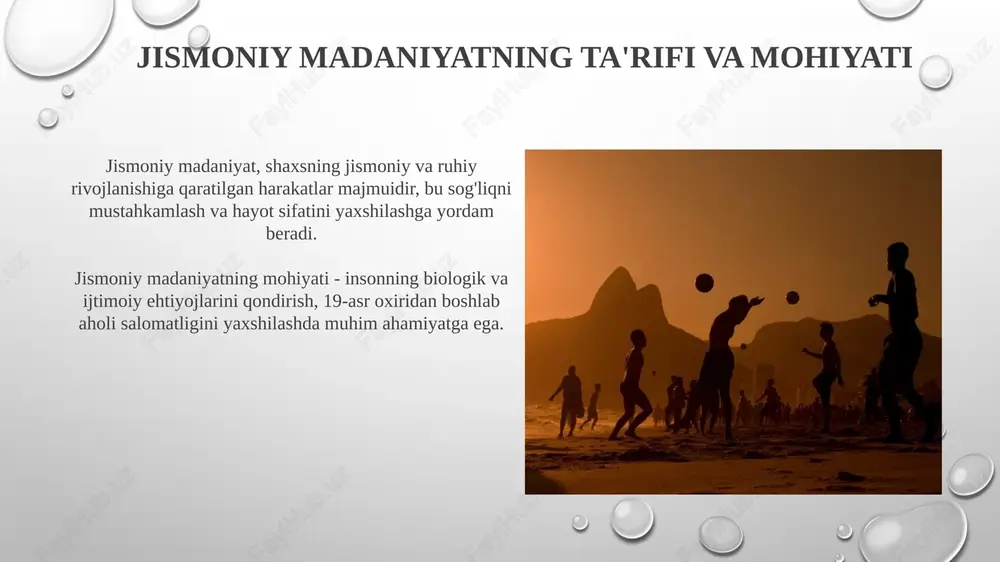 interaktivlikni oshiradi. funktsional mashg'ulotlar 2025-yilga kelib kundalik harakatlarni simulyatsiya qiluvchi ko'p qo'shma mashqlar va muvozanatni mustahkamlovchi yondashuvlar orqali tananing umumiy quvvatini oshirishga qaratilgan. jismoniy madaniyatning kelajagi jismoniy tarbiya kelajagi 2030-yilga borib sun'iy intellekt va katta ma'lumotlar asosida shaxsiy mashg'ulot dasturlarini yaratadi, bu esa samaradorlikni 30% ga oshiradi. kelajakda jismoniy faollikni oshirish uchun raqamli texnologiyalar, masalan, vr/ar o'yinlari keng qo'llaniladi, bunda aholining kamida 45% ishtirok etishi kutilmoqda. xulosa xulosa shuni ko'rsatadiki, 19-asr oxiridan boshlab jismoniy madaniyat rivojlanishi sog'lom turmush tarzini targ'ib qilishda muhim rol o'ynadi, 20-asrga sezilarli ta'sir ko'rsatdi. 21-asrda jismoniy madaniyat turli xil fitnes yo'nalishlari (masalan, crossfit, yoga) va texnologiyalar (masalan, fitnes-trekerlar) orqali innovatsion tarzda rivojlanib, global tendentsiyaga aylandi. e'tiboringiz uchun rahmat image2.png image5.jpg image6.jpg image7.jpg image8.jpg image9.jpg image10.jpg image11.jpg image12.jpg image13.jpg image14.jpg image15.jpg image16.jpg image17.jpg image18.jpg image19.jpg image20.jpg image21.jpg image3.png