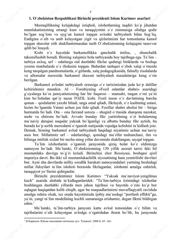 a`rifat tushunchasi, ilm va bilimga intilish xislati bir necha ming yillar davomida shakllangan, sayqal topgan. ta`lim islohotlarini o`rganish jarayonida qiziq holat ko`z oldimizga namoyon bo`ladi. ma`lumki, o`zbekistonning 130 yillik asorati tarixi ikki hil mustamlaka davriga to`g`ri keladi. birinchisi chor rossiyasi, boshqasi qizil imperiya davri. bu ikki xil mustamlakachilik siyosatining ham yemirilishi davrlari bor. ayni shu davrlarda milliy ozodlik harakati namoyondalari yurtning boshidagi millat fidoyilari ta`lim islohoti borasida fikrlaganlar, islohotni amalga oshirish, taraqqiyot yo`llarini qidirganlar. birinchi prezidentimiz islom karimov “yuksak ma`naviyat-yengilmas kuch” asarida alohida ta`kidlaganlaridek: “ta`lim-tarbiya tizimidagi islohotlar boshlangan dastlabki yillarda men jahon tajribasi va hayotda o`zini ko`p bor oqlagan haqiqatdan kelib chiqib, agar bu maqsadlarimizni muvaffaqiyatli ravishda amalga oshira olsak, tez orada hayotimizda ijobiy ma`nodagi “portlash effekti”ga, ya`ni, yangi ta`lim modelining kuchli samarasiga erishamiz, degan fikrni bildirgan edim. ma`lumki, ta`lim-tarbiya jarayoni katta avlod tomonidan o`z bilim va tajribalarini o`sib kelayotgan avlodga o`rgatishdan iborat bo`lib, bu jarayonda asosan inson xayoti uchun …