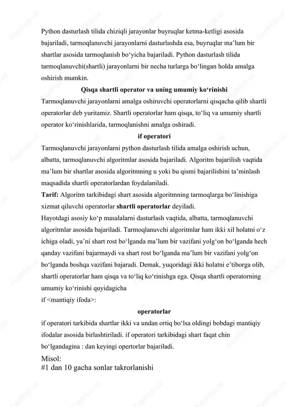 hisoblash mashinalarini insoniyatdan farqi shundaki, insoniyatda bir nechta buyruqlarni bajarish davomida toliqish holatlari bo‘lishi mumkin, elektron hisoblash mashinalariga takrorlanishni qanchaligini ma’lum bir buyruqlar asosida berilsa, ular barchasini charchamasdan bajaradi. ba’zi bir takrorlanuvchi jarayonlarni, takrorlanish formulasini chiqarib oddiy hisoblash mumkin, lekin ixtiyoriy ketma ketliklar yig‘indisini hisoblash oddiy usullar bilan hal etilmaydi, bunday holatlarda takrorlanuvchi jarayonlardan foydalaniladi. tarif: algoritmning qandaydir qismidagi buyruqlar ikki va undan ortiq bajarilishiga takrorlanuvchi jarayonlar deyiladi. yuqoridagi ta’rifga etibor qaratsak, demak algoritmning qandaydir qismi ikki va undan ortiq bajarilishi mumkin bo‘lgan holatlar ham mavjud. bunda dasturchiga shunday vazifa qo‘yiladiki takrorlanish holatini bir yaxlit buyruq asosida kompyuterga qulay usulda berish kerak. takrorlanuvchi jarayonlarni quyidagi blok sxema ko‘rinishda ixtiyoriy dasturlash tilida tasvirlash mumkin. yuqoridagi blok sxema shaklida shart toki chin bo‘lgunga qadar takrorlanish bajarilaveradi, aks holda takrorlanish to‘xtatiladi. python dasturlash tillarida takrorlanuvchi jarayonlarni quyidagi usullar yordamida tasvirlash mumkin. -parametr bo‘yicha takrorlash(for); -shart bo‘yicha takrorlash(while, do while). for(sikl) operatori takrorlanuvchi jarayonlarni …
