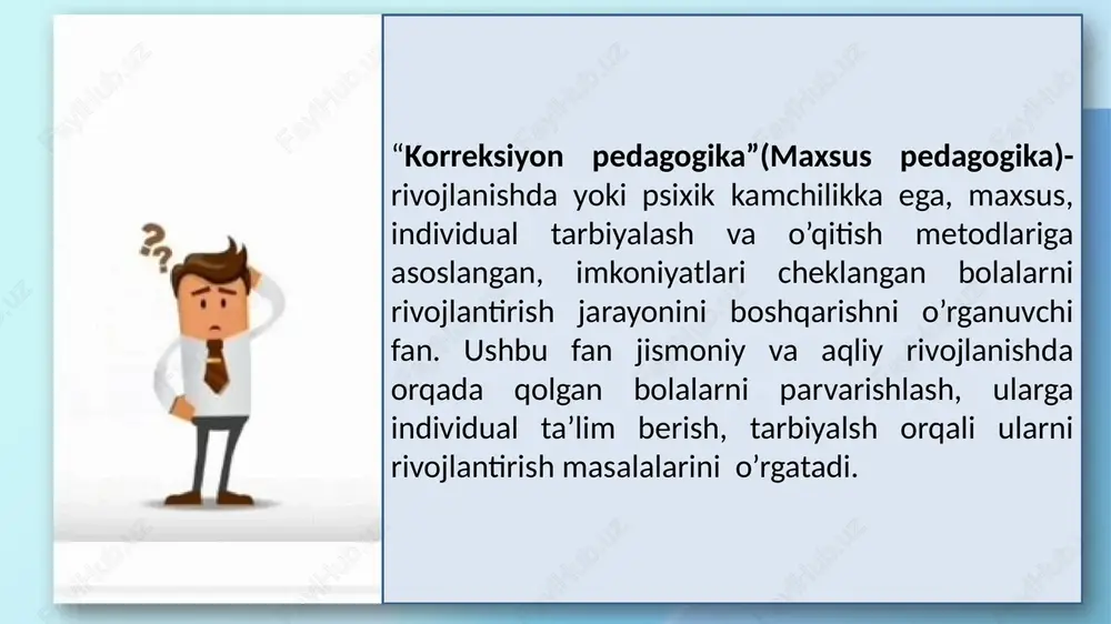 ko’ra o’quvchilar bilan psixologik-pedagogik tuzatish olib boriladi o’quvchilarga “ikkinchi toifali o’quvchilar” singari munosabatda bo’lmaslik kerak. shundagina ularda kuzatilayotgan “ta’limiy og’ish”ni bartaraf qilishi mumkin. image1.png image2.png image3.png image4.png image5.emf image6.png /docprops/thumbnail.jpeg