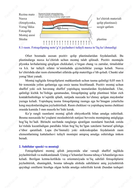 larni ham qo’shimchao’rnatish kerak): · bosish usuli (avtotip bosma usullari uchun rastrlangan fotoqoliplar, chuqur bosma uchun ko’p tusli fotoqoliplar; bevosita bosish usullari uchun to’g’ri tasvir, bilvosita usullar uchun ko’zguli tasvir; pozitiv nusxa ko’chirish uchun pozitiv fotoqoliplar, negativ nusxa ko’chirish uchun negativ fotoqoliplar); · bosma uskunasining turi (varaqli bosma uskunalarida varaqni forgreyferda ushlash uchun varaqning chekkasi; grafeykalar chekkalari, tasma o’tkazuvchi roliklar uchun maydon, moslashtirish belgilari, rulonli bosma uskunalari uchun namlik ta’siri ostida materiallarning bo’kishi uchun ko’ndalang moslashmaganlik muvozanati); · bosma uskunasining o’lchami; · ikki tomonlama bosishda varaqni o’girish usuli (o’girish qurilmalari bilan jihozlangan varaqli bosma uskunalarida varaqni o’tkazish va o’girish; o’girishg qurilmasiga ega bo’lmagan uskunalarda varaqni o’tkazish va o’girish; “rezinagarezina” bosish usulida bir vaqtning o’zida varaqning har ikkala tomonidan bosish); · buklash uskunasi yoki apparatining buklashshakli; · yakuniy mahsulotni mahkamlash usuli (taxlamlar yelimlab mahkamlanganda koreshok xoshiyasi bo’ylab pripusk); · bosishdan keyingi ishlov berish uchuli (taxlam ustma-ust yig’ilganda daftar shleyfi); · qog’oz …