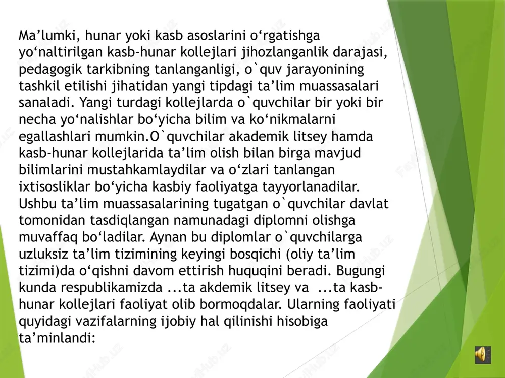 ish imkoniyatlarini aks ettiruvchi fanlarni kiritishni talab etadi. 2. ta’limning yagona mazmunga asoslanishi ta’lim mazmunini tanlashda bir tomonlama ilmiy yo‘nalishni rad etadi. u aniq bir o`quv jarayonini amalga oshirish bilan bog‘liq pedagogik haqiqatni hisobga olishni ko‘zda tutadi. bu o‘rta maxsus, kasb-hunar ta’limi mazmunini loyihalashtirishda ustuvor tamoyillar, texnologiya, o‘zlashtirish darajasi va u bilan bog‘liq harakatlarni hisobga olish kerakligini anglatadi. 3. ta’lim mazmunining yaxlitligi ta’lim tizimining turli bosqichlarida nazariy bilimlarning berilishi, o`quv fani, o`quv materiali, pedagogik faoliyat va o`quvchi shaxsining o‘zaro mosligini ko‘zda tutadi. 4. ta’lim mazmunining insonparvar g‘oyalarga asoslanishi birinchi navbatda o`quvchilarning umuminsoniy va milliy madaniyatni faol ijodiy va amaliy o‘zlashtirishlari uchun sharoitlar yaratish bilan bog‘liqdir. buning uchun gumanitar g‘oyalar umumiy ta’lim mazmuniga singdirilishi kerak. bu esa o‘z navbatida gumanitar va tabiiy-ilmiy fanlarning o‘zaro bog‘liqligi va o‘zaro munosabatlari tamoyilining o‘zgartirilishini talab etadi, uning asosini shaxsga e’tibor qaratish tashkil etishi zarur. oxirgi yillarda ta’lim mazmunini tanlashda gumanitarlashtirish (insoniylashtirish) va fundamentallashtirish kabi tamoyillar …