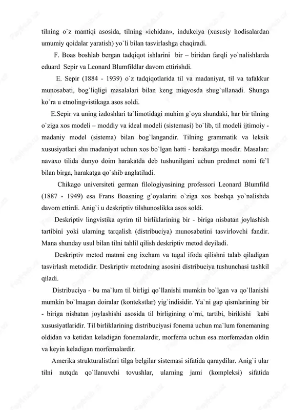 ) sifatida tushunadilar. ayni vaqtda ular tilda faqat tovushni emas, balki ma`noni ham farqlaydilar. demak, bundan tildagi muhim narsa tovush va ma`no ekanligi g`oyasi kelib chiqadi. shunga ko`ra strukturalistlar tilning tovush jihatini ifoda, ma`no jihatini esa mazmun deb belgilaydilar. tovush va ma`no o`zaro bog`liqlikda olinadi. ma`lumki, tovush (fonema)ning eng muhim jihati uning ma`noni farqlash xususiyatidir. ma`lum bo`ldiki, amerika strukturalistlari til belgisida - tovush va ma`no munosabati masalasida f.de sossyurning har bir til belgisi ikki tomonga: ifodalovchi va ifodalanuvchiga, ifoda va mazmunga egaligi fikriga asoslanib, uni rivojlantiradilar. hatto ular (l.blumfild va uning izdoshlari: ch.friz, k.payk, 3.xarris va boshqalar) ushbu g`oyaga munosabati jihatidan ikki guruhga: mentalistlar va mexanistlarga bo`linadilar. mentalistlar l.blumfild boshchiligida til hodisalarini tahlil qilishda ma`noni (mazmunni, ifodalanuvchini) hisobga olmaslik mumkin emas, deydilar. mexanistlar esa l.blumfildning shogirdi z.xarris bosh-chiligida tilni ma`noga (mazmunga) e`tibor bermagan holda to`liq tasvirlash, tahlil qilish mumkin, deydilar. xullas, prof. s.usmonov aytganidek, «amerika deskriptivistlari, umuman olganda, muvaffaqiyatsizlikka uchragan …