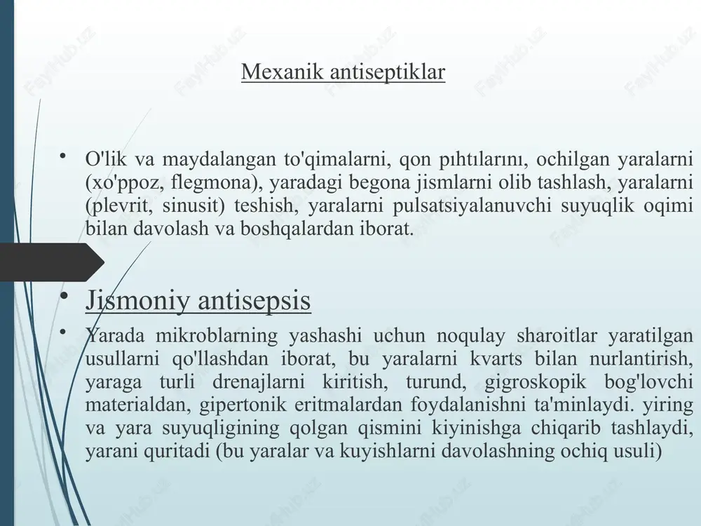 urlar qo'llarini davolashning quyidagi usullaridan qo'llaniladi: a. spasokukotskiy-kochergin usuli . b. alfred usuli. b. c-4 eritmasida ishlov berish usuli ( pervomure ) d. yodonat bilan davolash usuli . eurosept yoki ahd bilan davolash usuli . adabiyotlar ro'yxati: foydalanilgan adabiyot 1. jarrohlik kasalliklari: darslik/ed. m.i. kuzin - 4-nashr. moskva geotar - media 2017 - 991 p. 2. har xil sharoit va kasalliklar uchun jarrohlikda hamshiralik parvarishi: muallif vyazmitina a.v. – 2-nashr. rostov n /a "feniks" 2017 - 540 p. qo'shimcha adabiyotlar: 1. jarrohlik kasalliklari: darslik/v. s. savelyev, a.i. kiriyenko - moskva geotar - media 2017 - 991 p. 2. jarrohlik kasalliklari: 2 jildlik darslik/n.v. merzlikin - moskva geotar - media 2015 t.1-339 p., t-2-598 p. internet manbalari: 1. www.studmedeib.ru 2. http:/www.gamgam.boom.ru 17 image1.jpeg image2.jpeg image3.jpeg image4.jpeg /docprops/thumbnail.jpeg