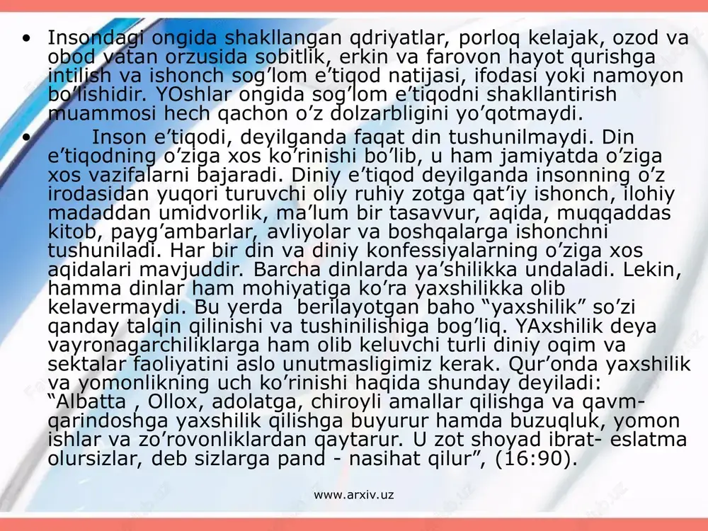 da umuman markaziy osiyo, xususan, o’zbekiston musulmonlari uchun yot bo’lganligi diqqatga sazovardir. diniy firqachilik bizning xalqimizga yot bo’lganligining asosiy sababi shundaki, mintaqmizda o’ziga xos movarounnahr musulmon qonunchiligi – fiqh maktabining rivojlanganligi, u boshqa maktablar ta’sirida bo’lmay, aksincha musulmon qonunshunosligi maktablariga o’z ta’sirini o’tkazib kelganligiga bog’liq edi. markaziy osiyo, xususan o’zbekistonda shunday ilohiyotchi ulomalar bo’lganki, ularning dihosi oldida butun musulmon dunyosi bosh eggan, musulmon dunyosi markaziy osiyoga ta’sir o’tgazuvchi mintaqa emas, aksincha o’zbekistonda qo’lga kiritilgan islomiy yutuqlar ta’sirida bo’lgan mintaqa edi. www.arxiv.uz www.arxiv.uz sobiq sho’ro tuzumi davrida chuqur diniy ilmlarga ega bo’lgan ulamolar qirib yuborildi. mustaqillik davriga kelib o’zbekistonga nisbatan xorijiy mamlakatlarning, hususan turli diniy guruxlarning e’tibori kuchaya boshaladi. eski mafkura o’z umrini yashab bo’lgan, milliy istiqlol mafkurasi xali shakllanmagan, mafkuraviy bo’shliq vujudga kelgan bir vaziyatda turli-tuman diniy taassub va xatto zo’ravonlikka moyil bo’lgan guruxlar har – xil yo’llar bilan o’zbekistonga kirib kelib, o’z ta’limotlarini eng to’g’ri e’tiqot sifatida targ’ib qila …